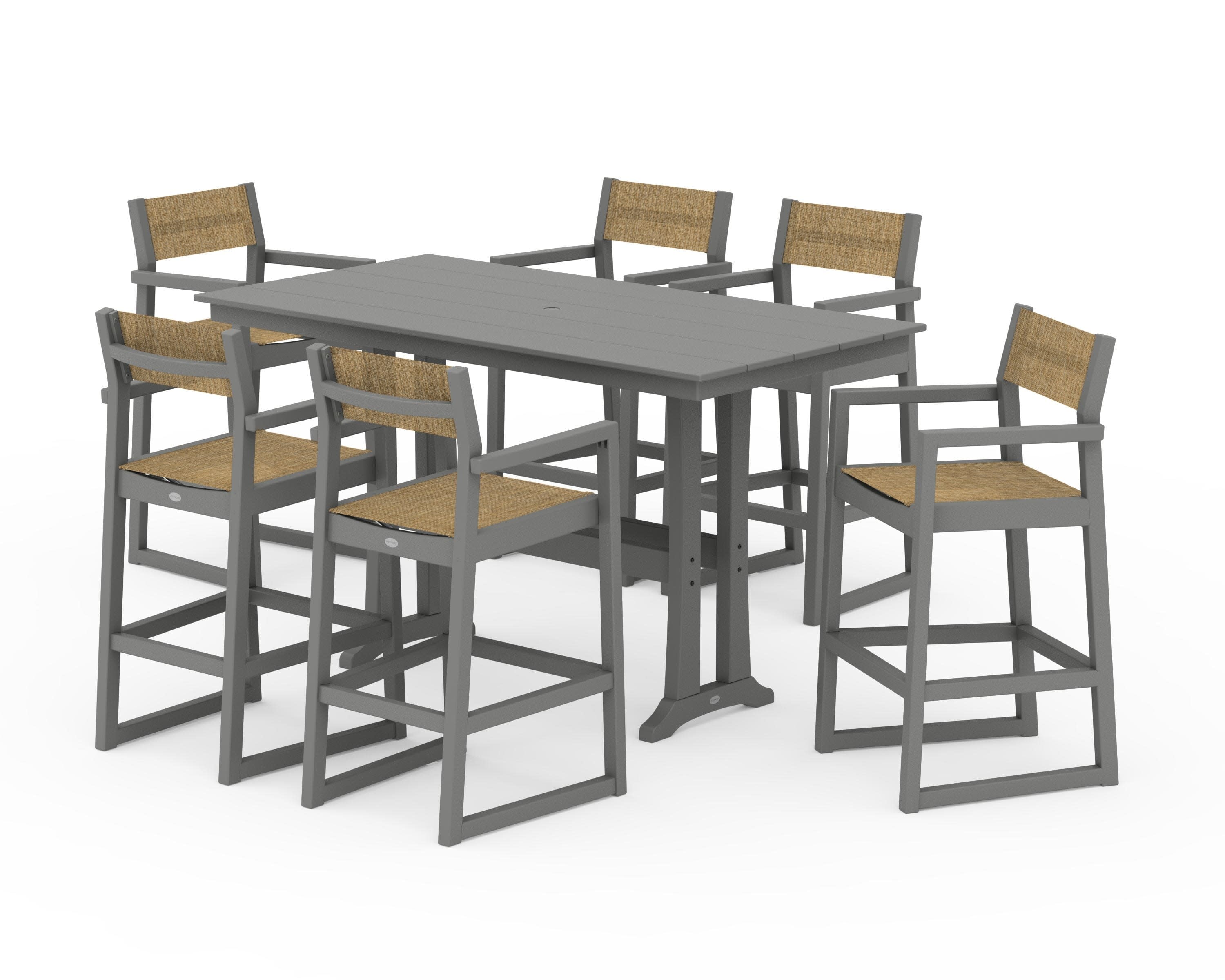 EDGE Sling Arm Chair 7-Piece Farmhouse Bar Set with Trestle Legs in Slate Grey / Burlap Sling