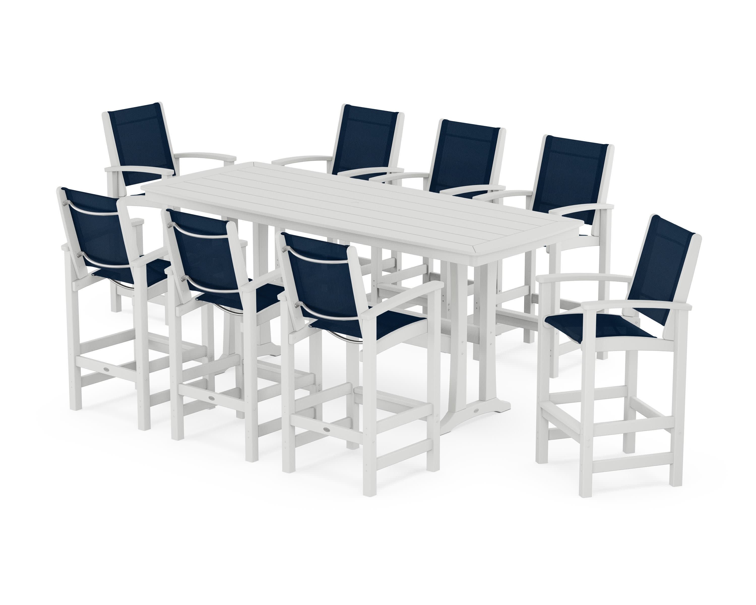 Coastal 9-Piece Bar Set with Trestle Legs in White / Navy Blue Sling