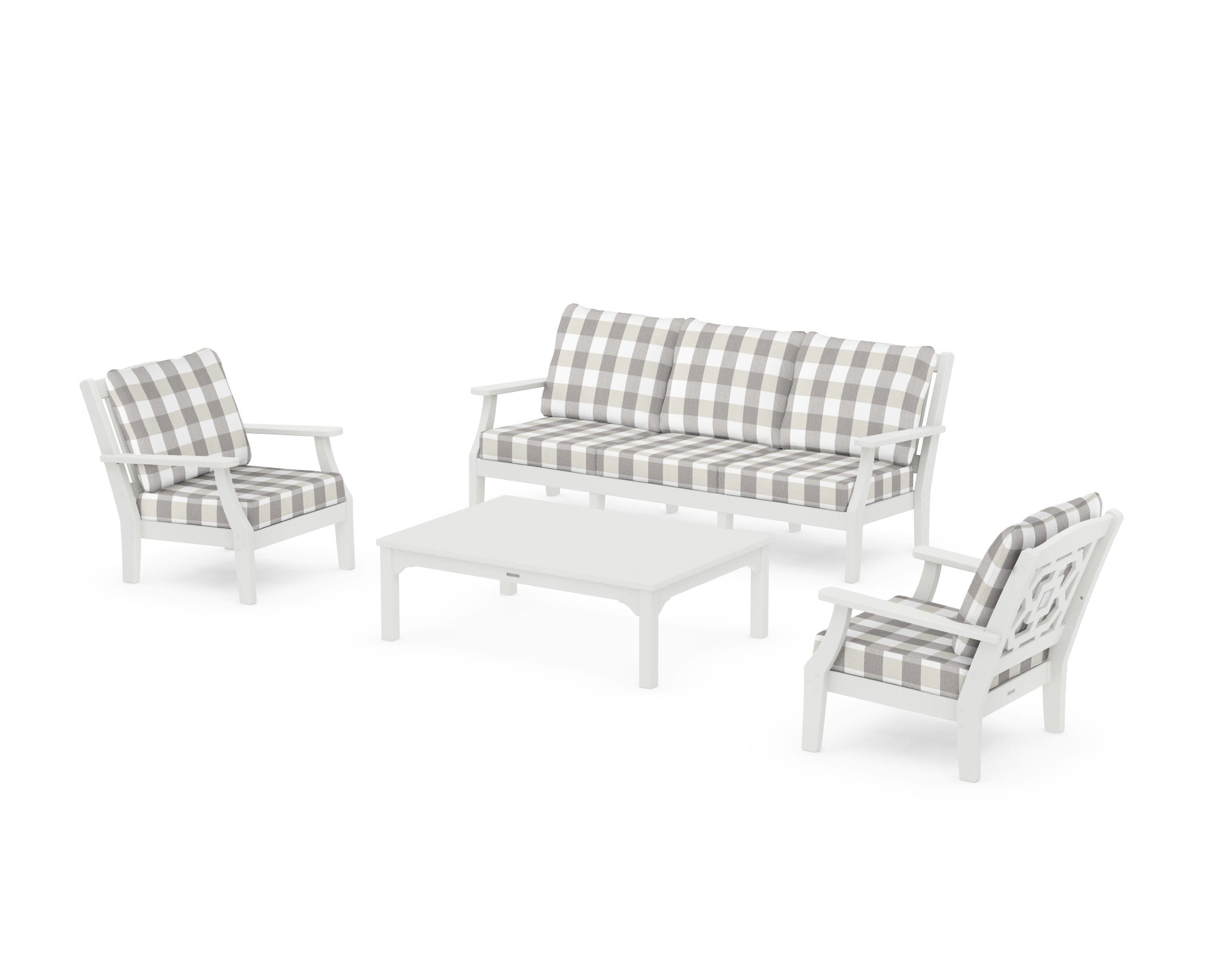 Chinoiserie 4-Piece Deep Seating Set with Sofa in Vintage White / Buffalo Plaid Grey Mist