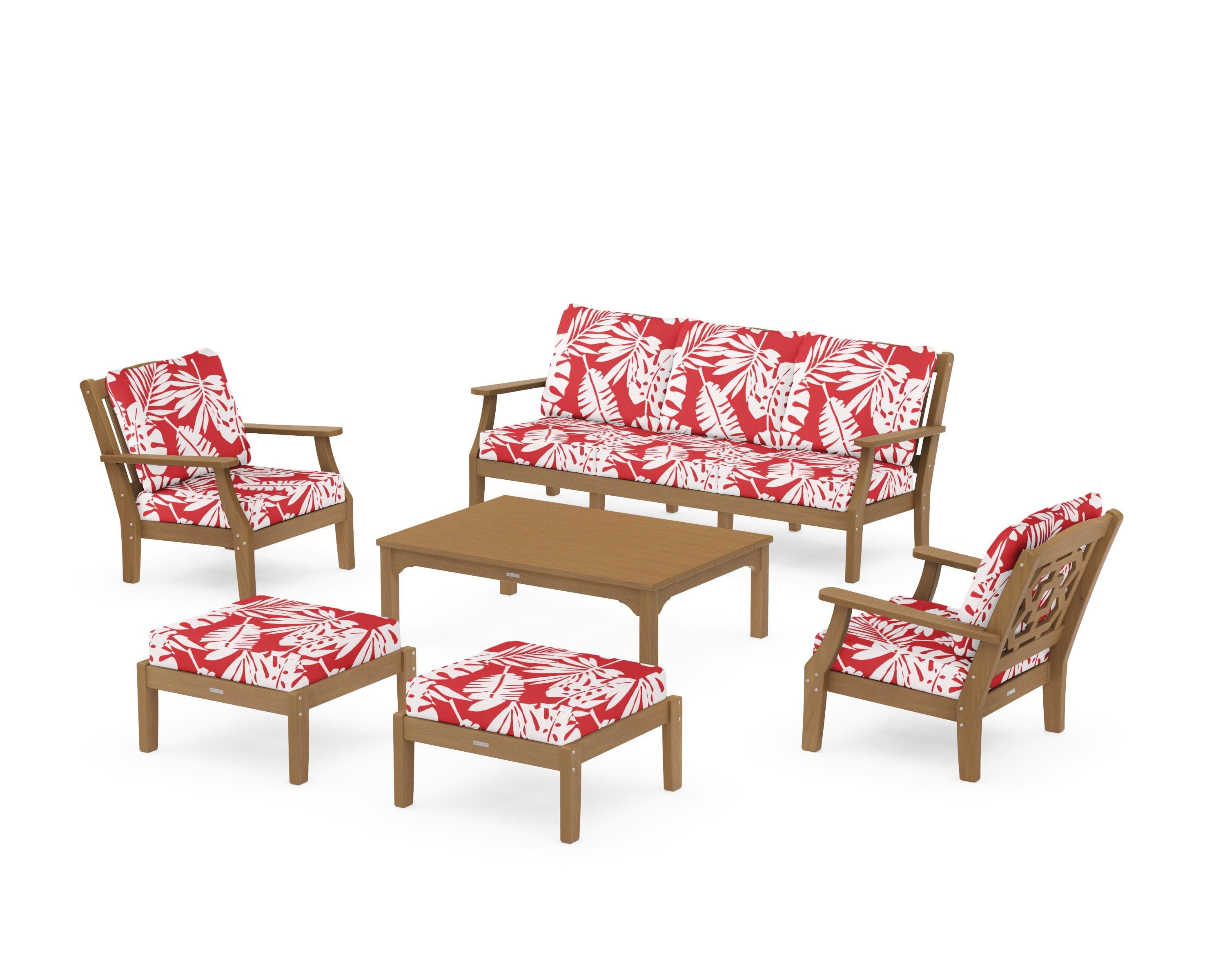 Chinoiserie 6-Piece Lounge Sofa Set in Natural / Leaf Crimson