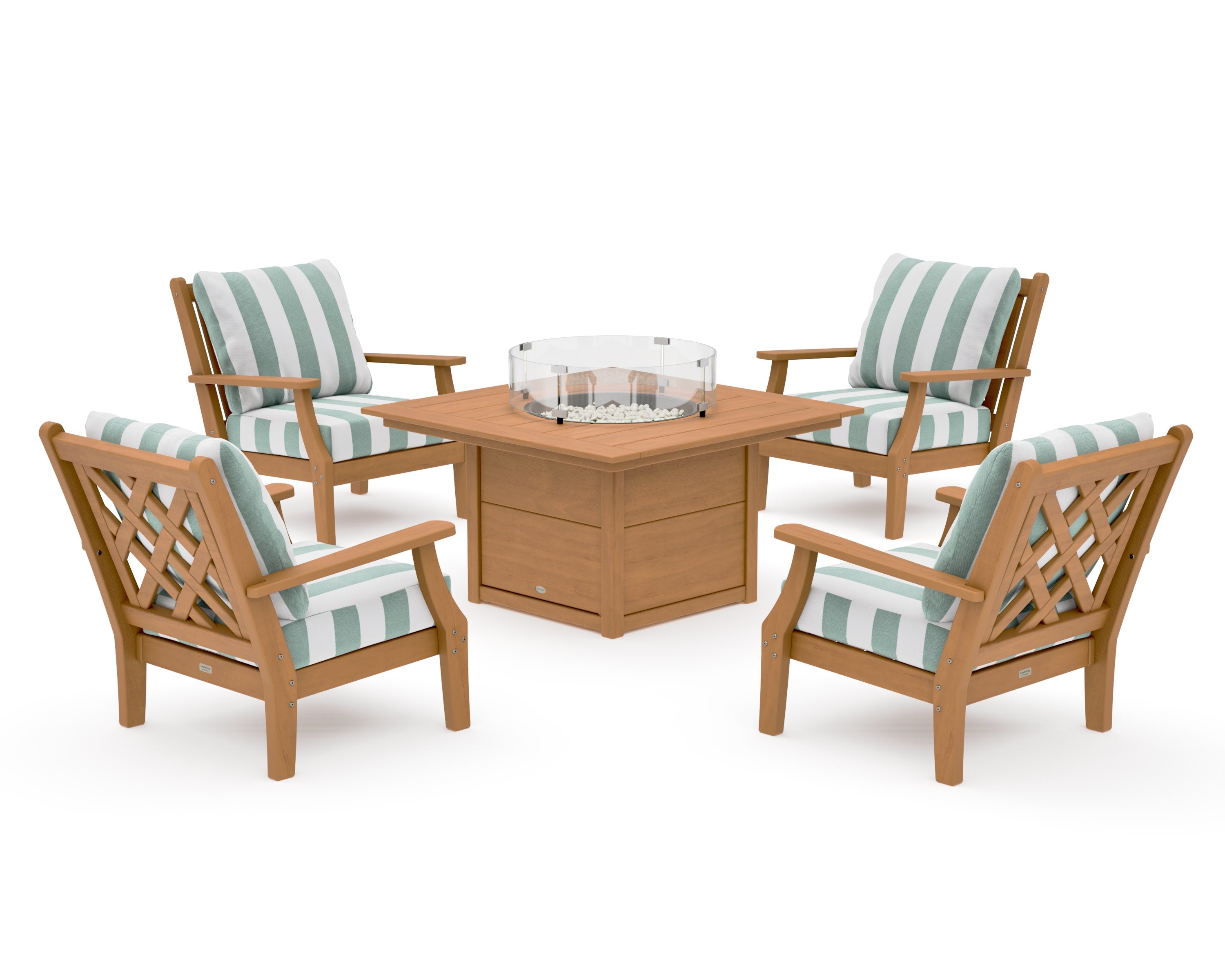Wovendale 5-Piece Deep Seating Set with Fire Pit Table in Natural / Cabana Stripe Glacier Spa