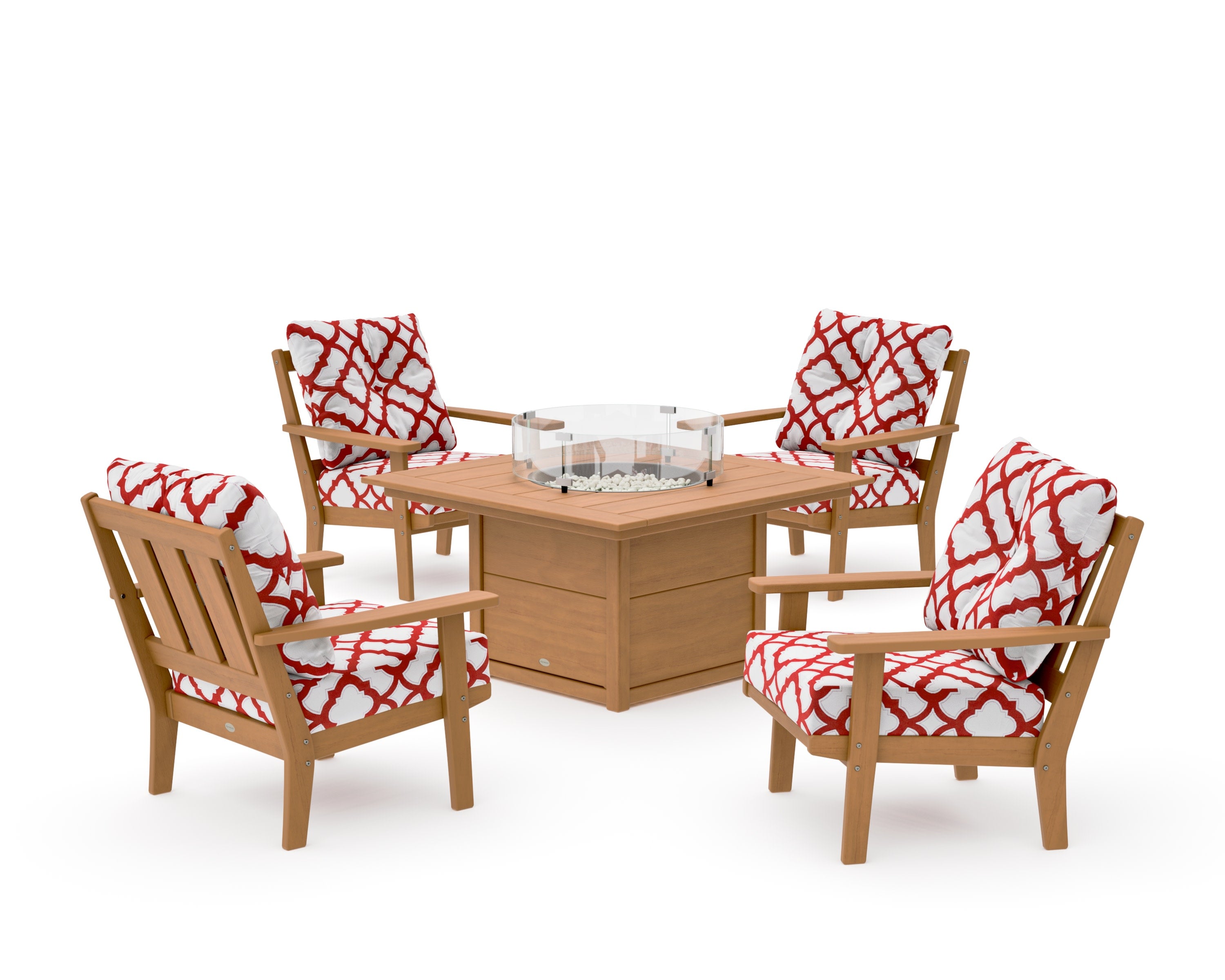 Oxford 5-Piece Deep Seating Set with Fire Pit Table in Natural / Trellis Crimson