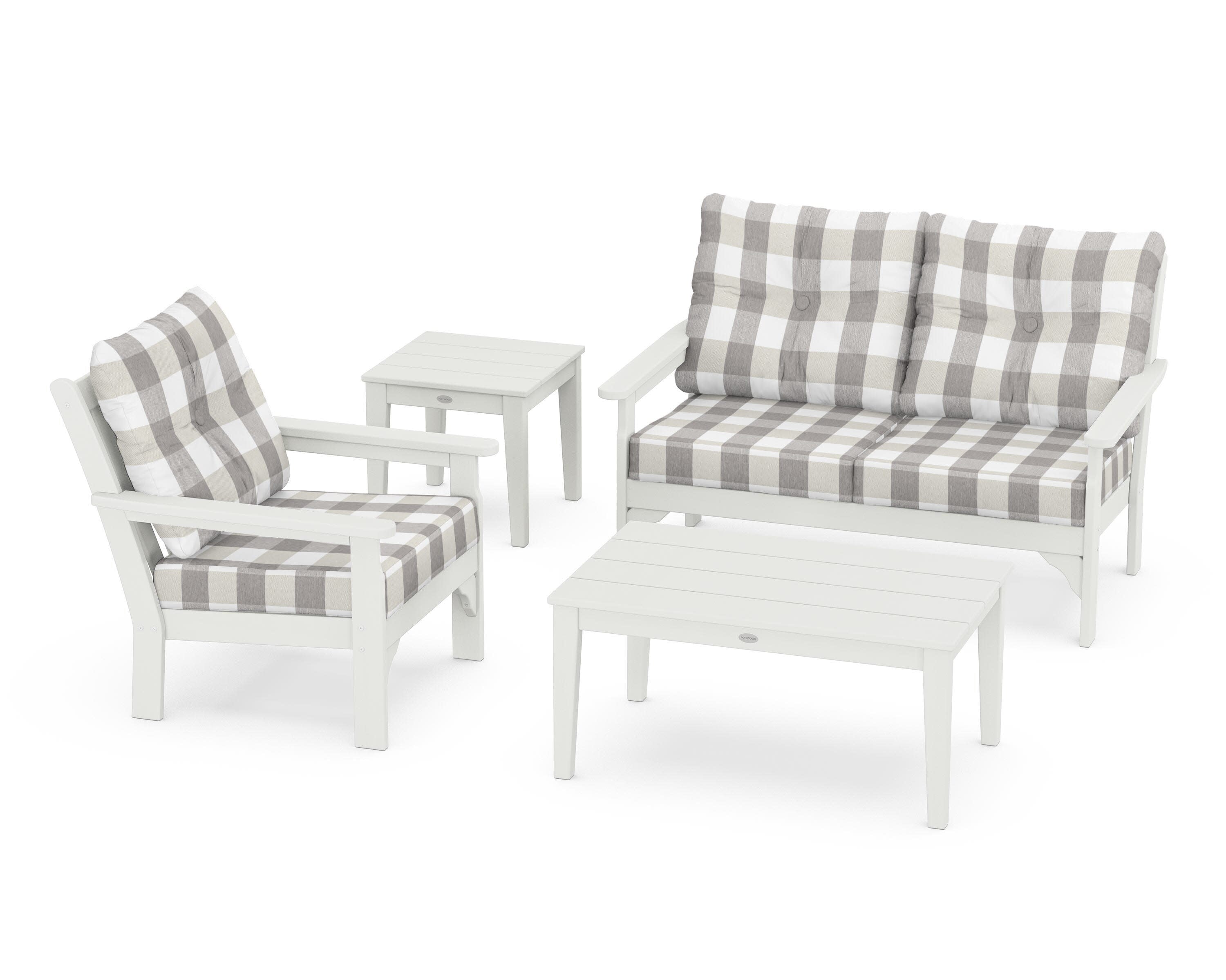 Vineyard 4-Piece Deep Seating Set in Vintage White / Buffalo Plaid Grey Mist
