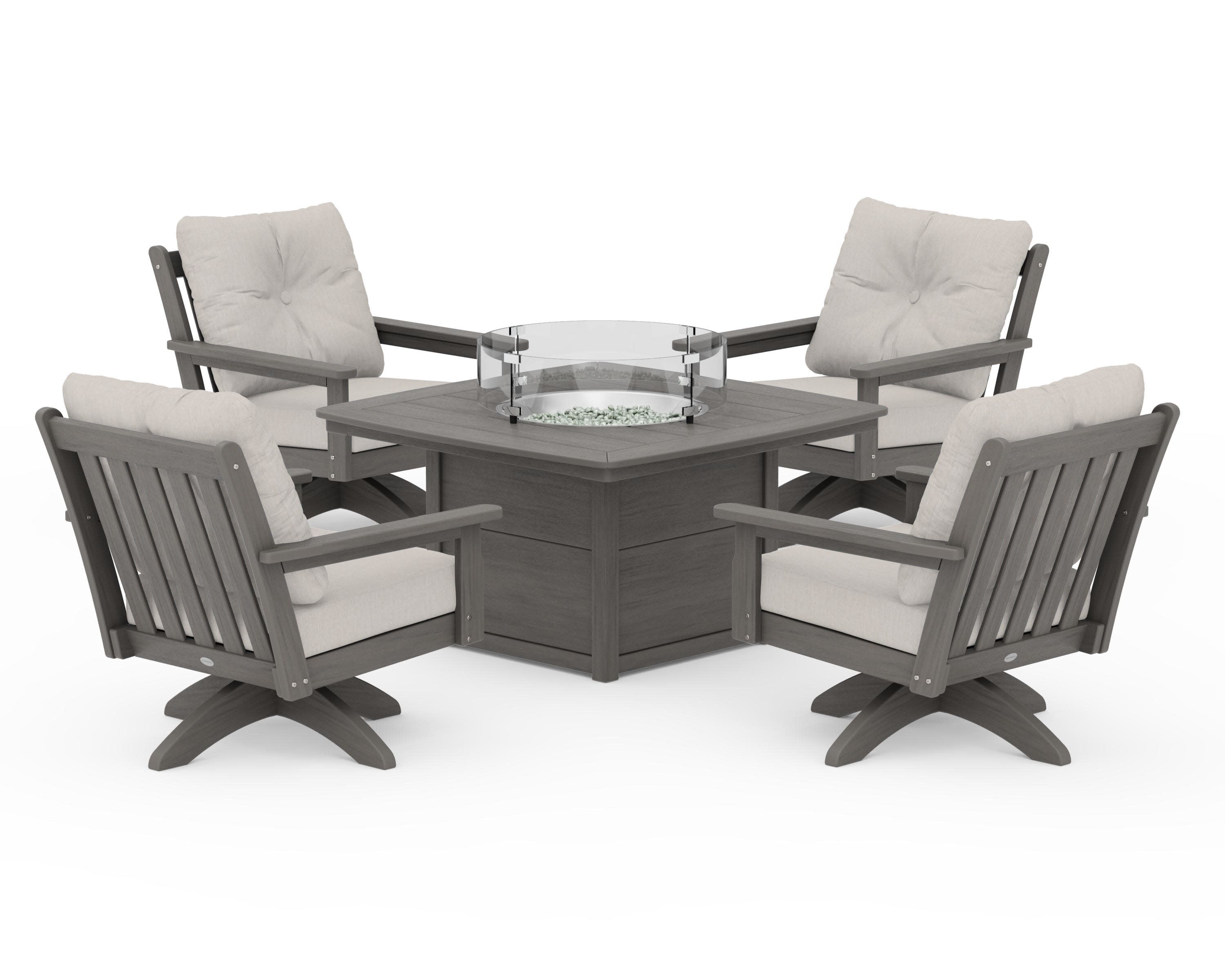 Vineyard 5-Piece Deep Seating Swivel Conversation Set with Fire Pit Table in Driftwood / Cast Ash