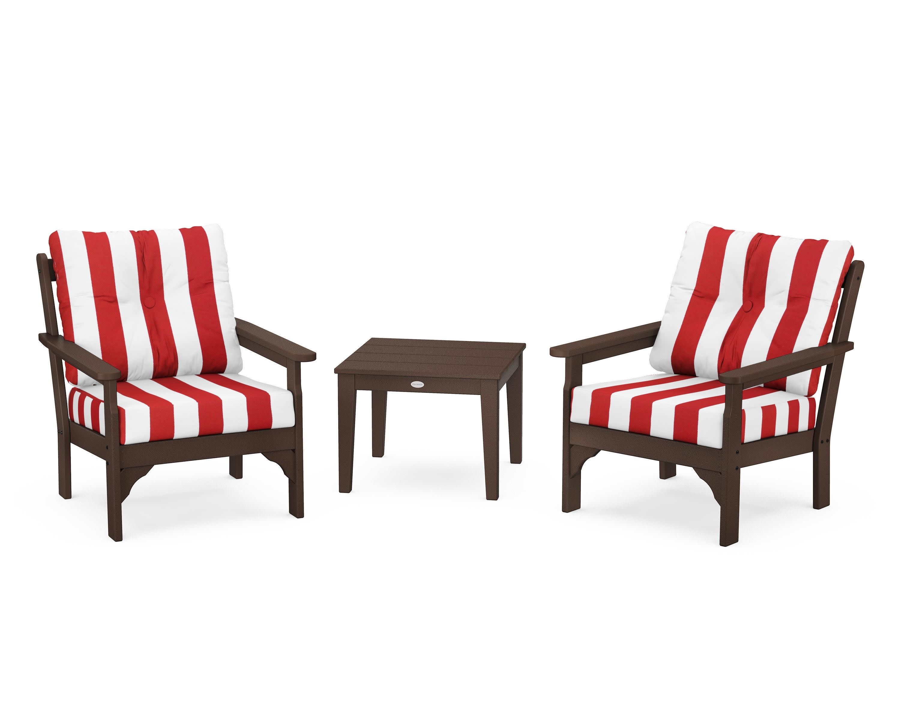 Vineyard 3-Piece Deep Seating Set in Mahogany / Cabana Stripe Crimson