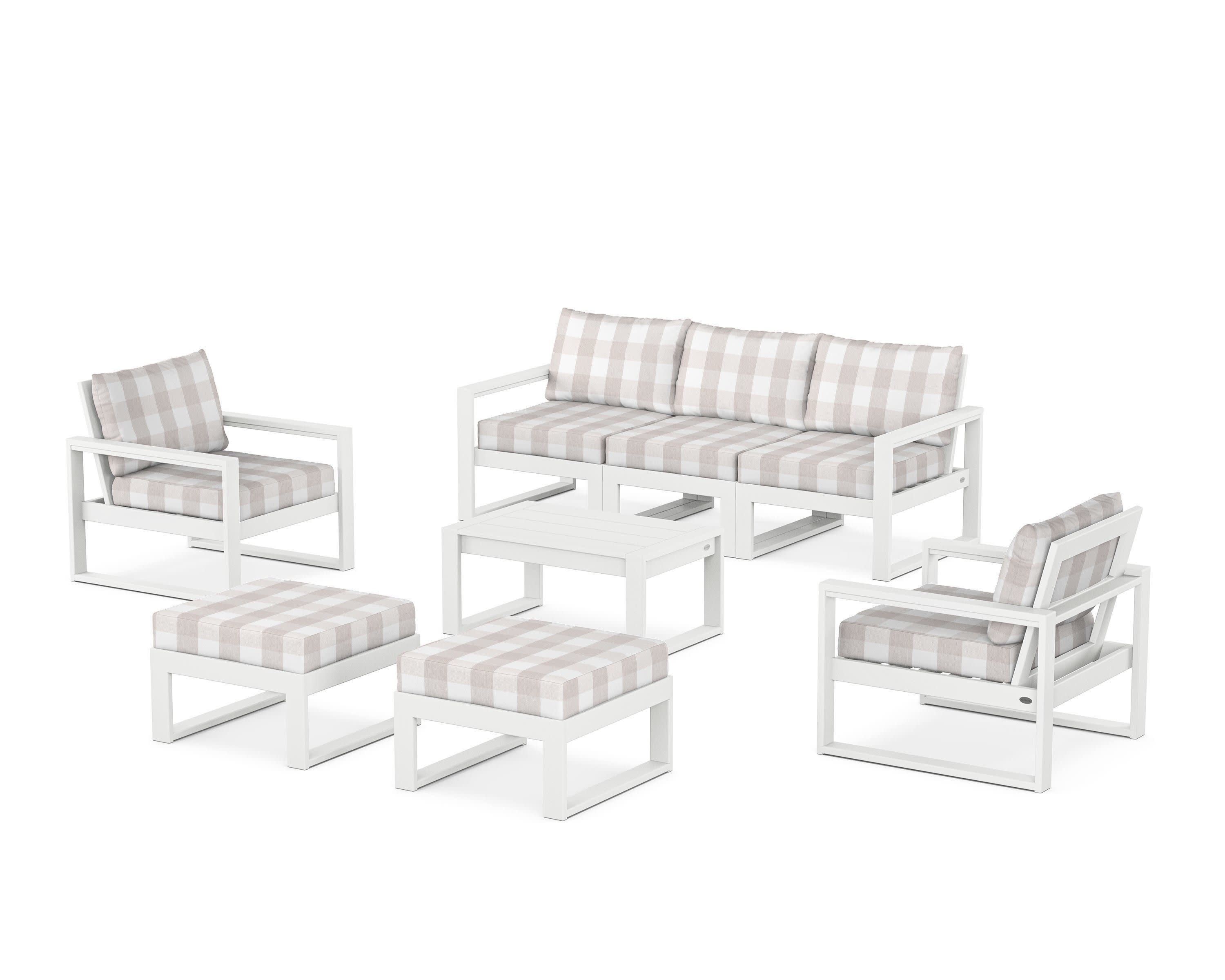EDGE Sectional 8-Piece Lounge Sofa Set in White / Buffalo Plaid Dune Burlap