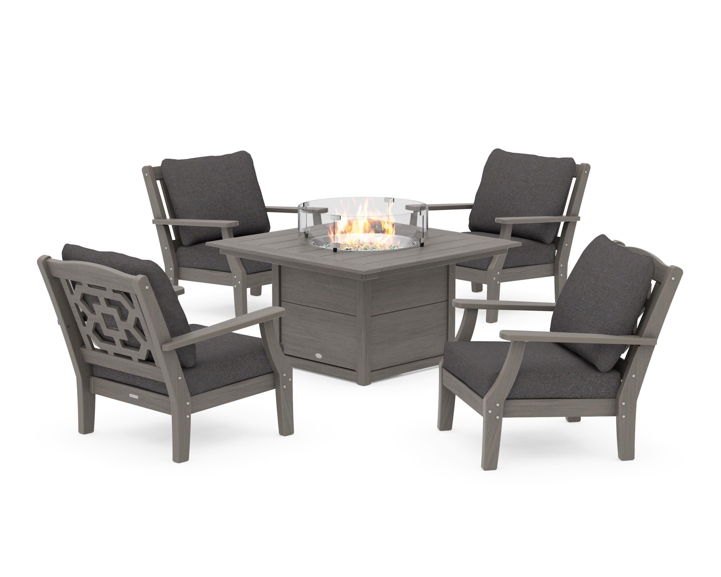 Chinoiserie 5-Piece Deep Seating Set with Fire Pit Table in Driftwood / Ash Charcoal