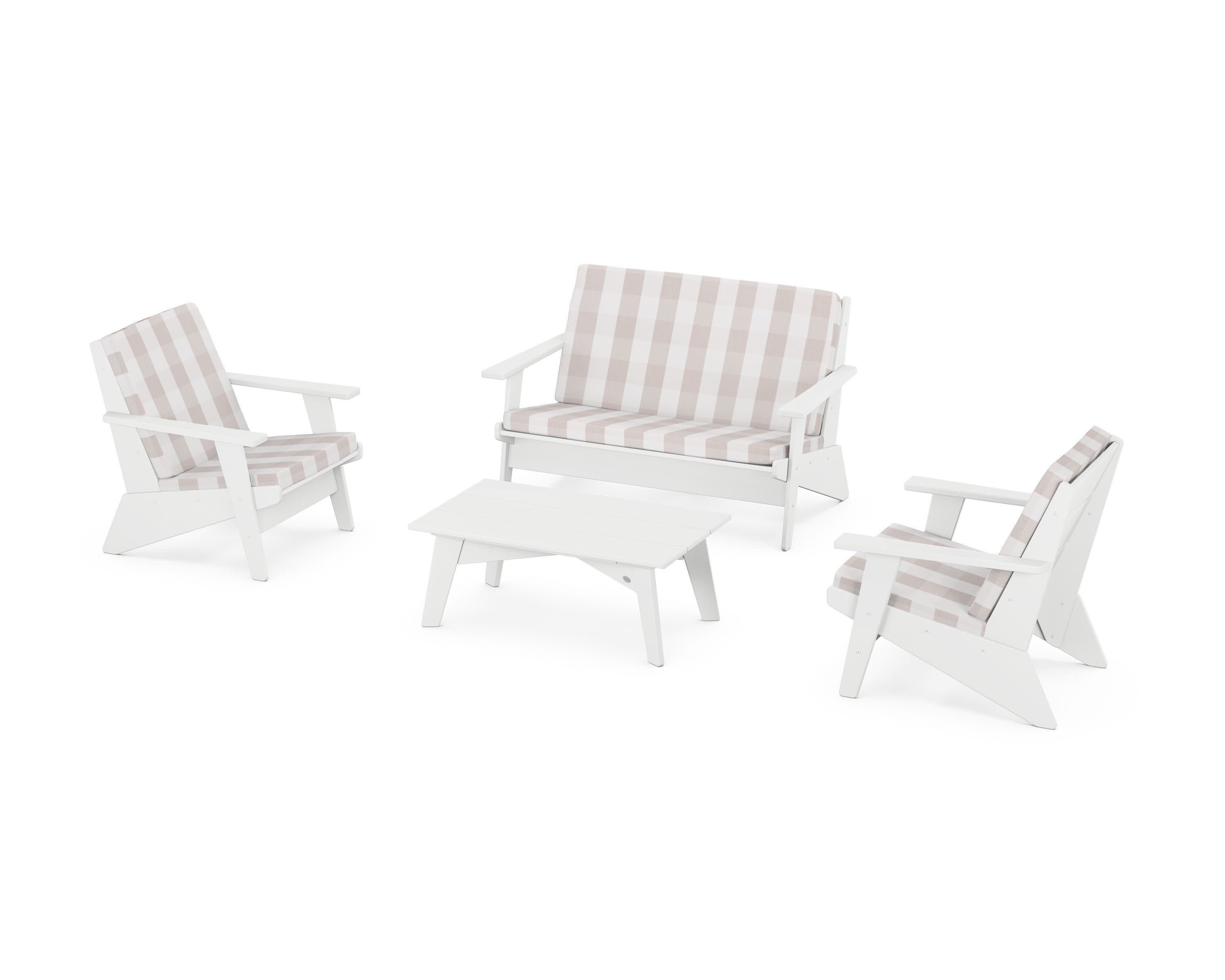 Riviera Modern Lounge 4-Piece Set in White / Buffalo Plaid Dune Burlap