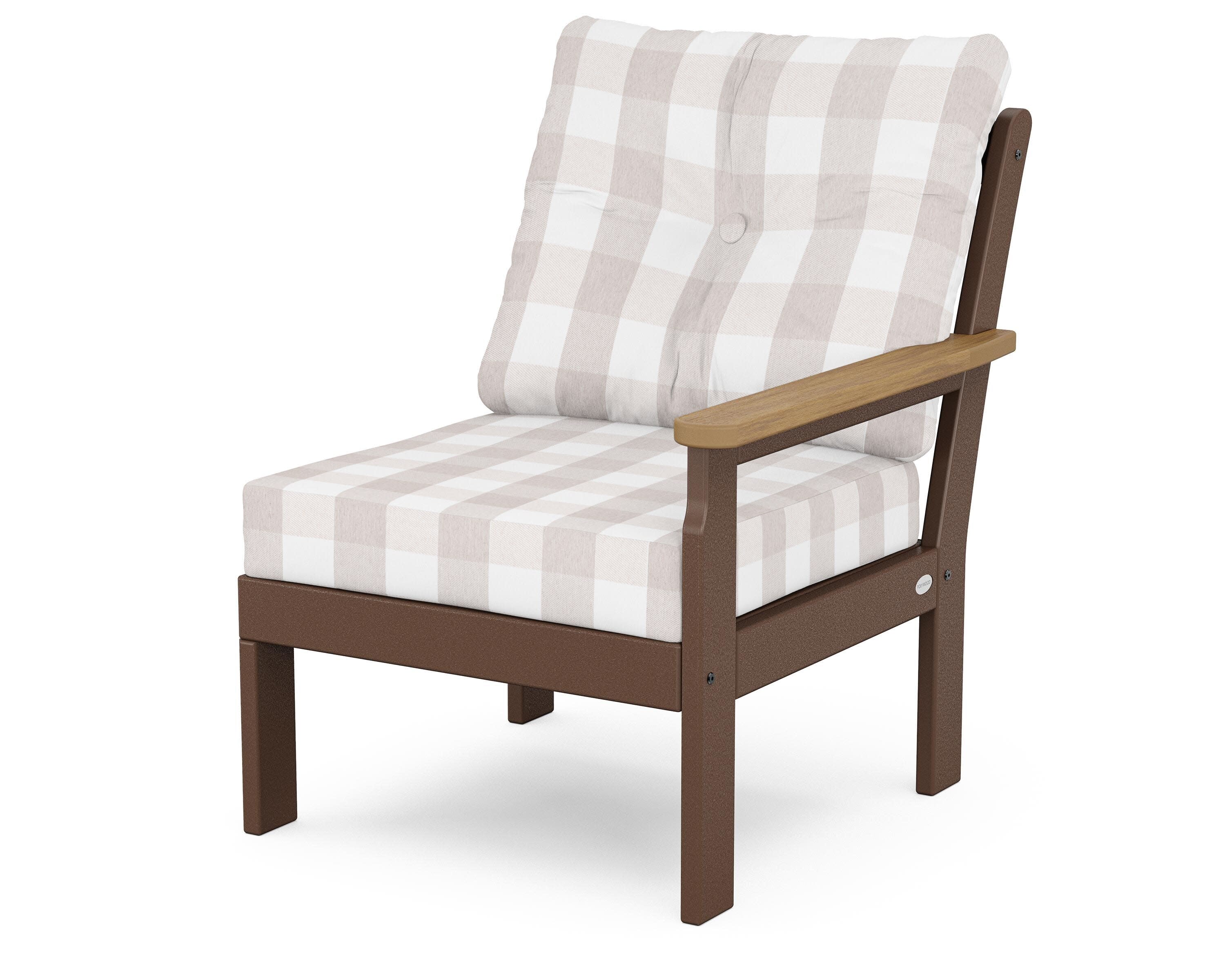 Vineyard Modular Right Arm Chair in Mahogany / Natural / Buffalo Plaid Dune Burlap
