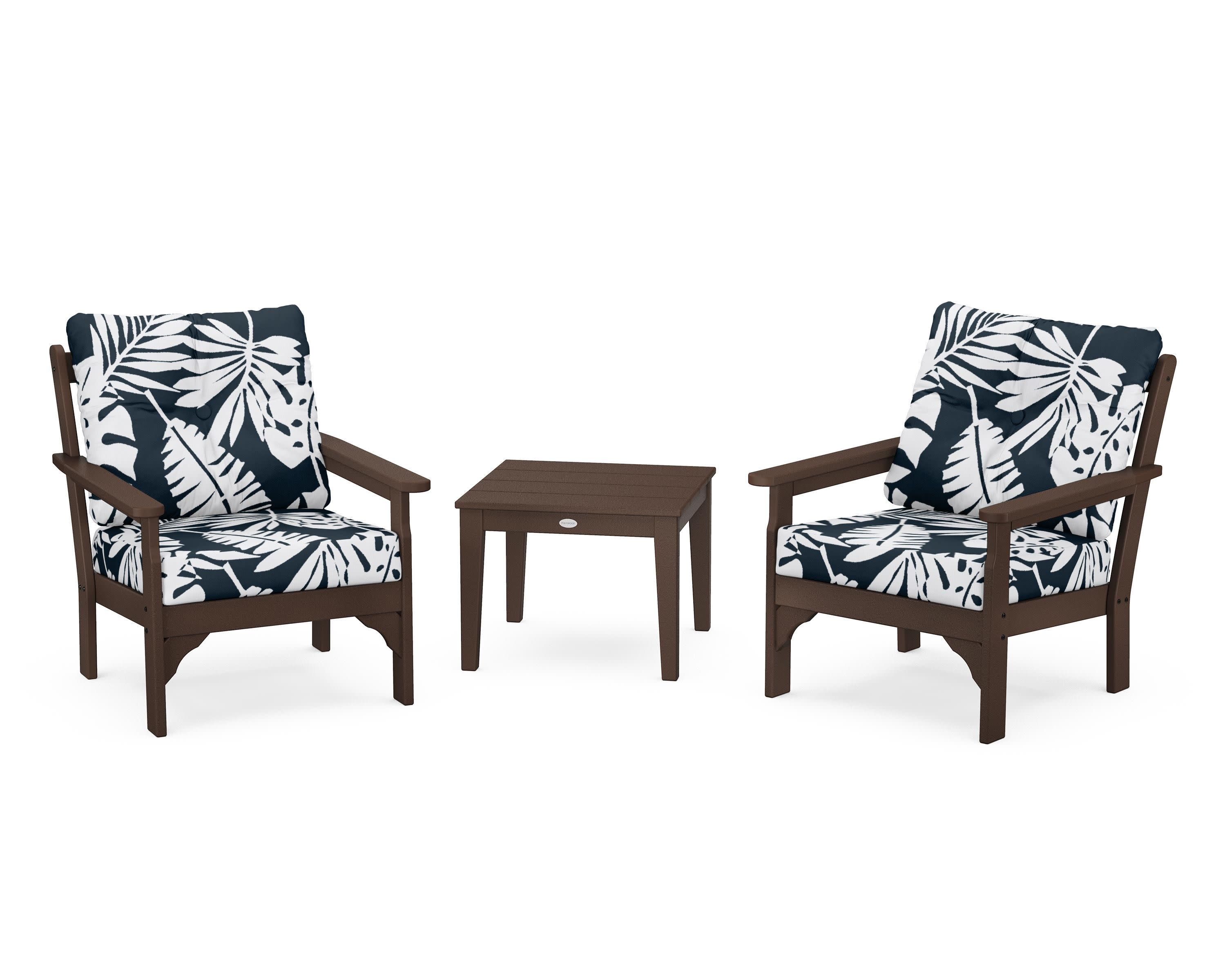Vineyard 3-Piece Deep Seating Set in Mahogany / Leaf Marine Indigo
