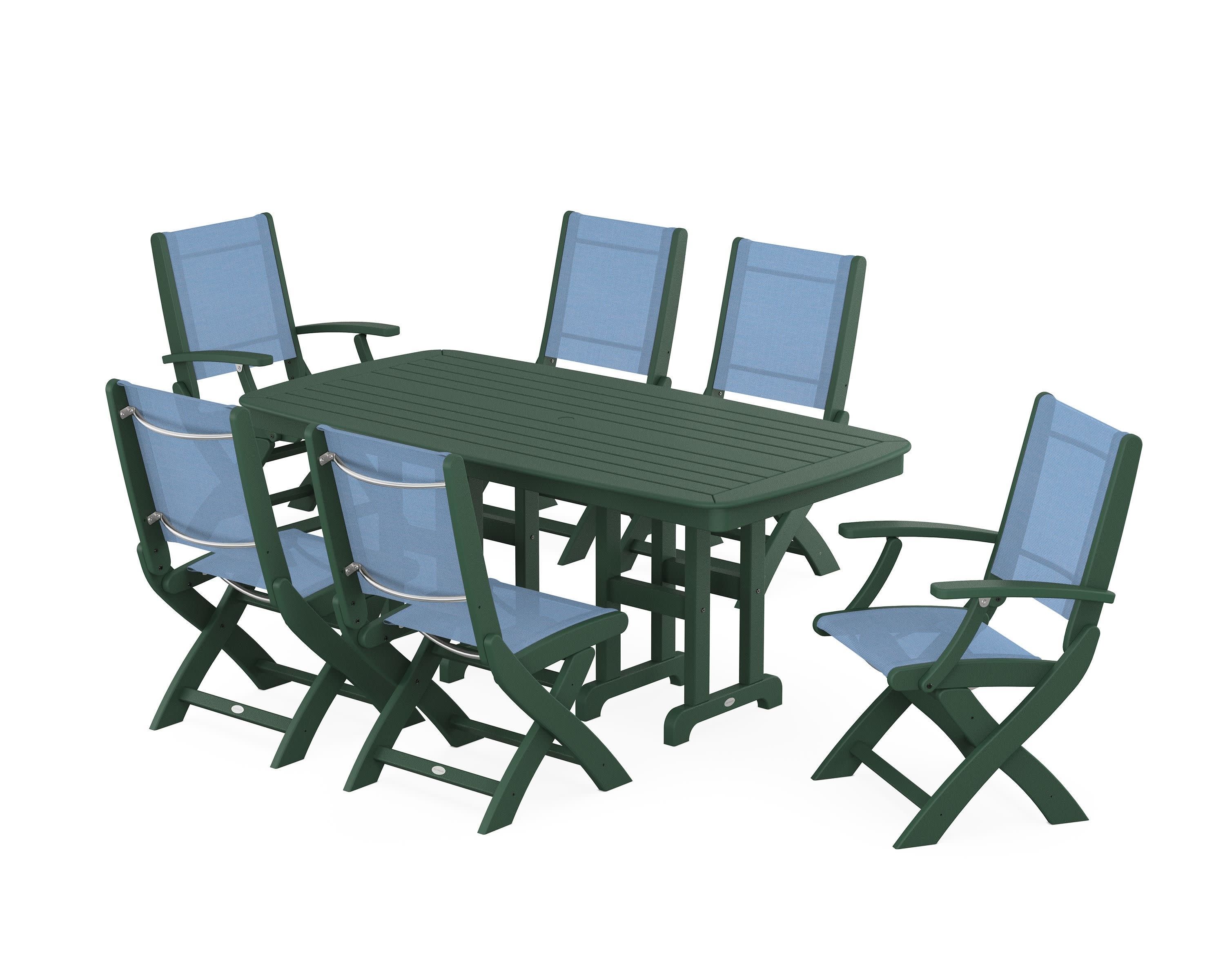 Coastal Folding Chair 7-Piece Dining Set in Green / Poolside Sling