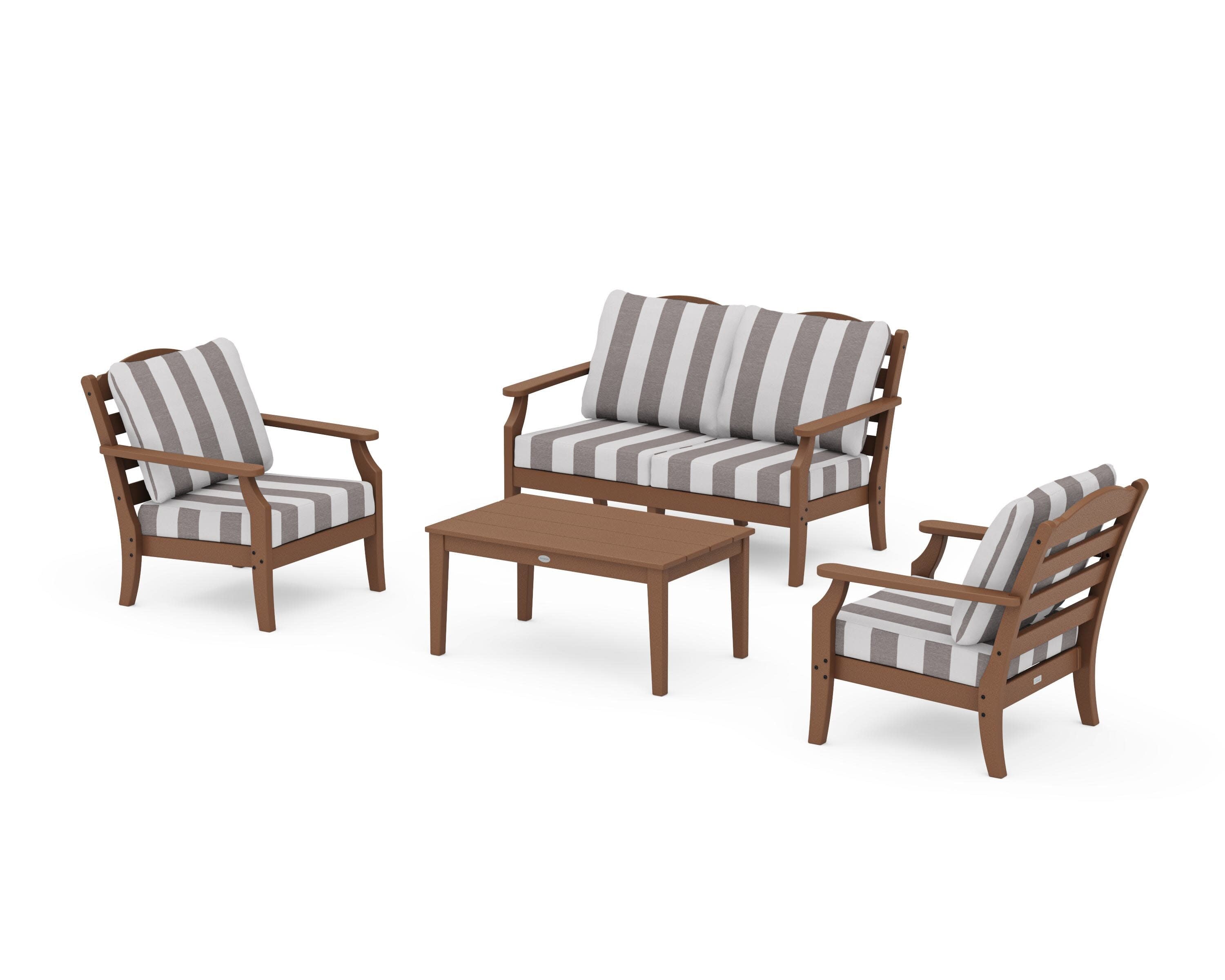 Savannah 4-Piece Deep Seating Set with Loveseat in Teak / Cabana Stripe Grey Mist