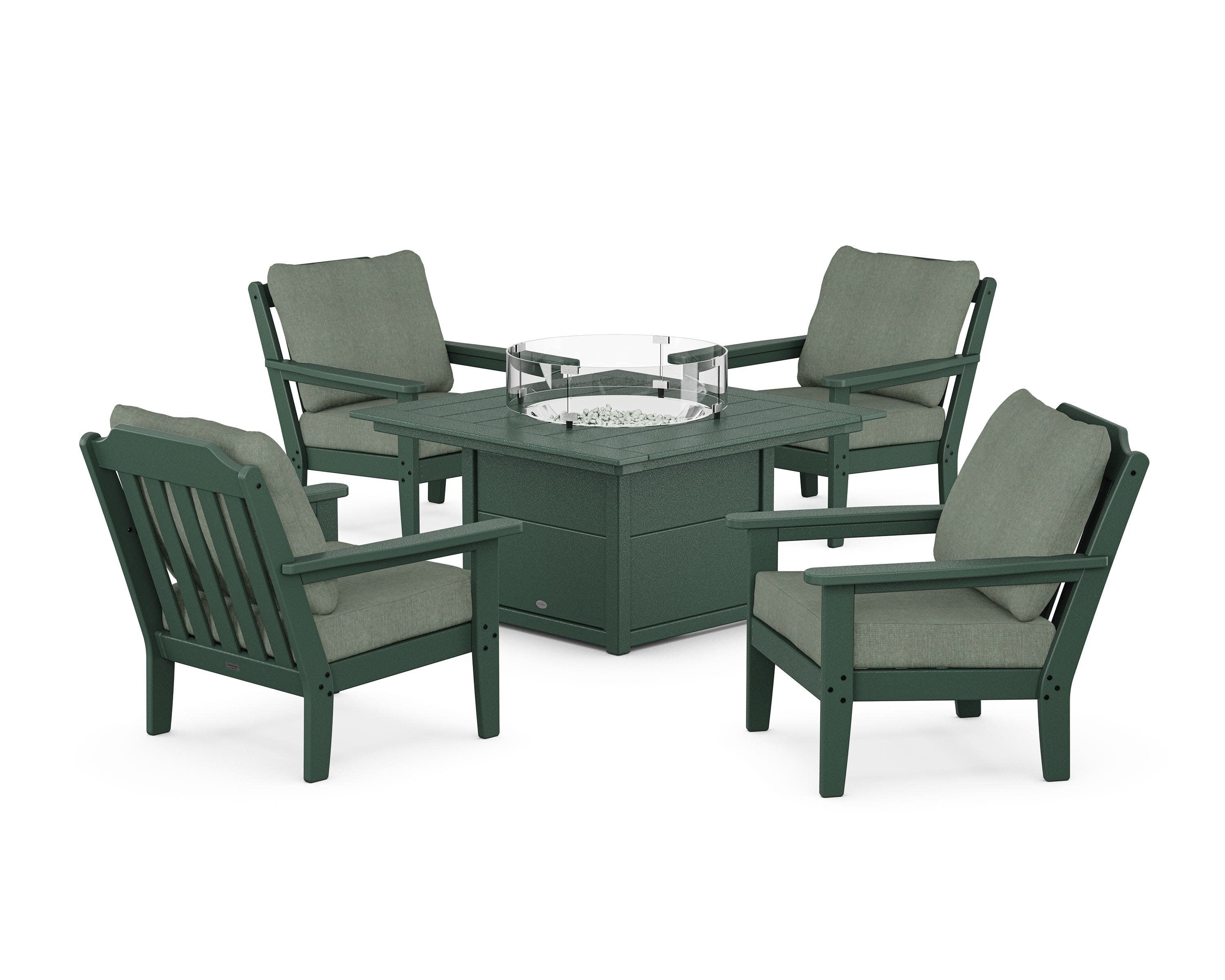 Cottage 5-Piece Deep Seating Set with Fire Pit Table in Green / Cast Sage