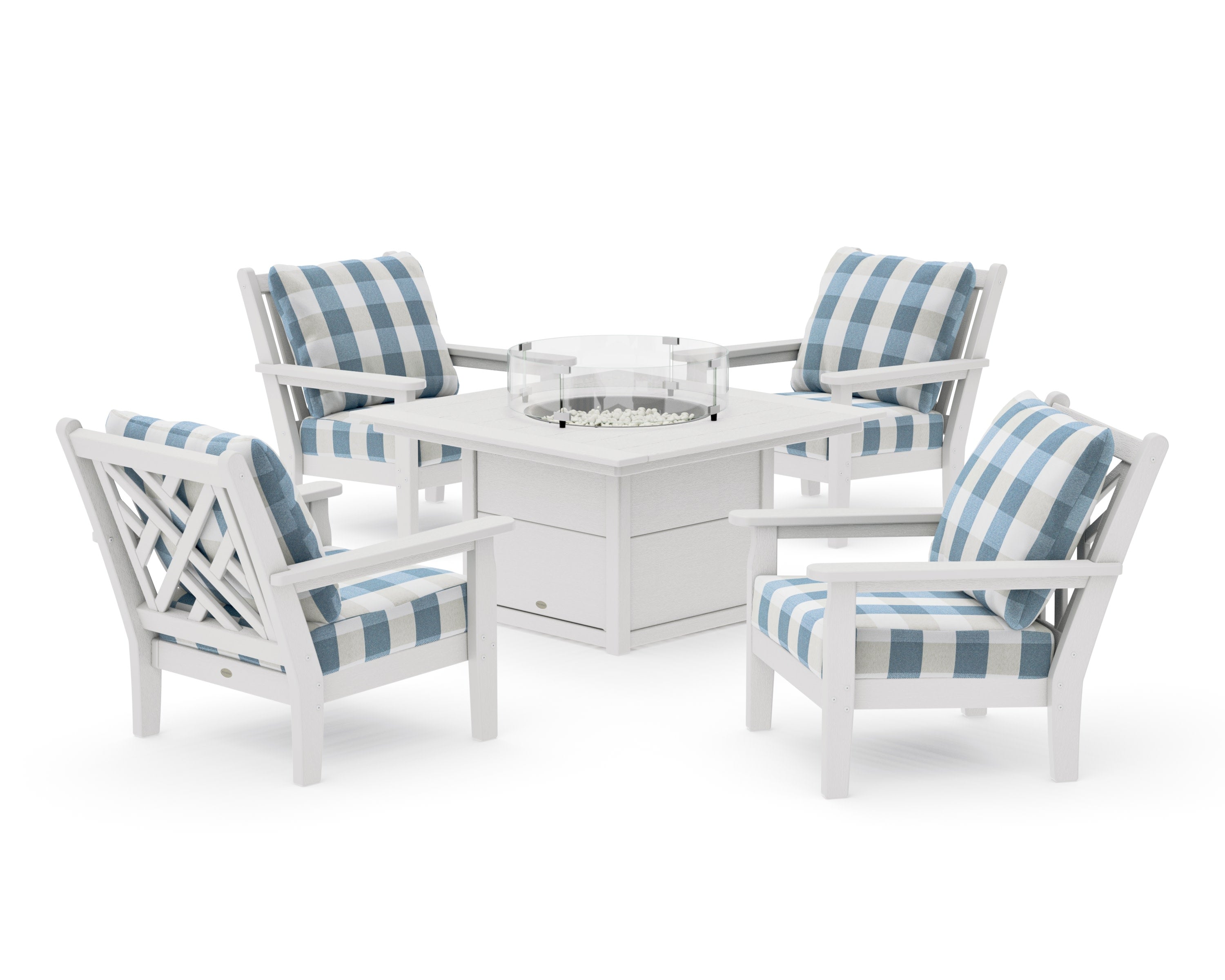 Chippendale 5-Piece Deep Seating Set with Fire Pit Table in Vintage White / Buffalo Plaid Sky Blue