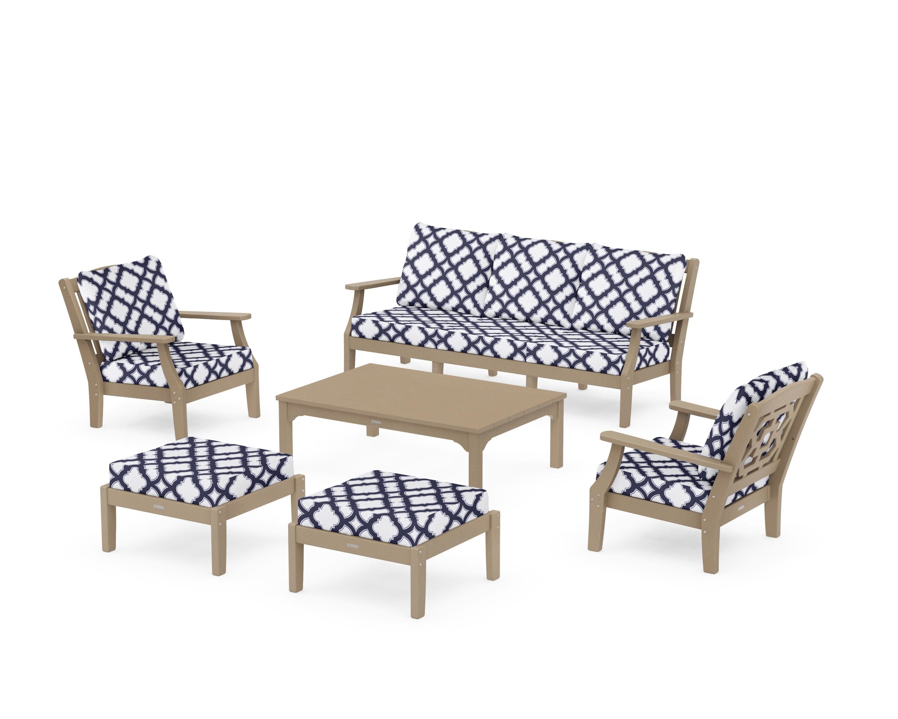 Chinoiserie 6-Piece Lounge Sofa Set in Vintage Sahara / Trellis Navy