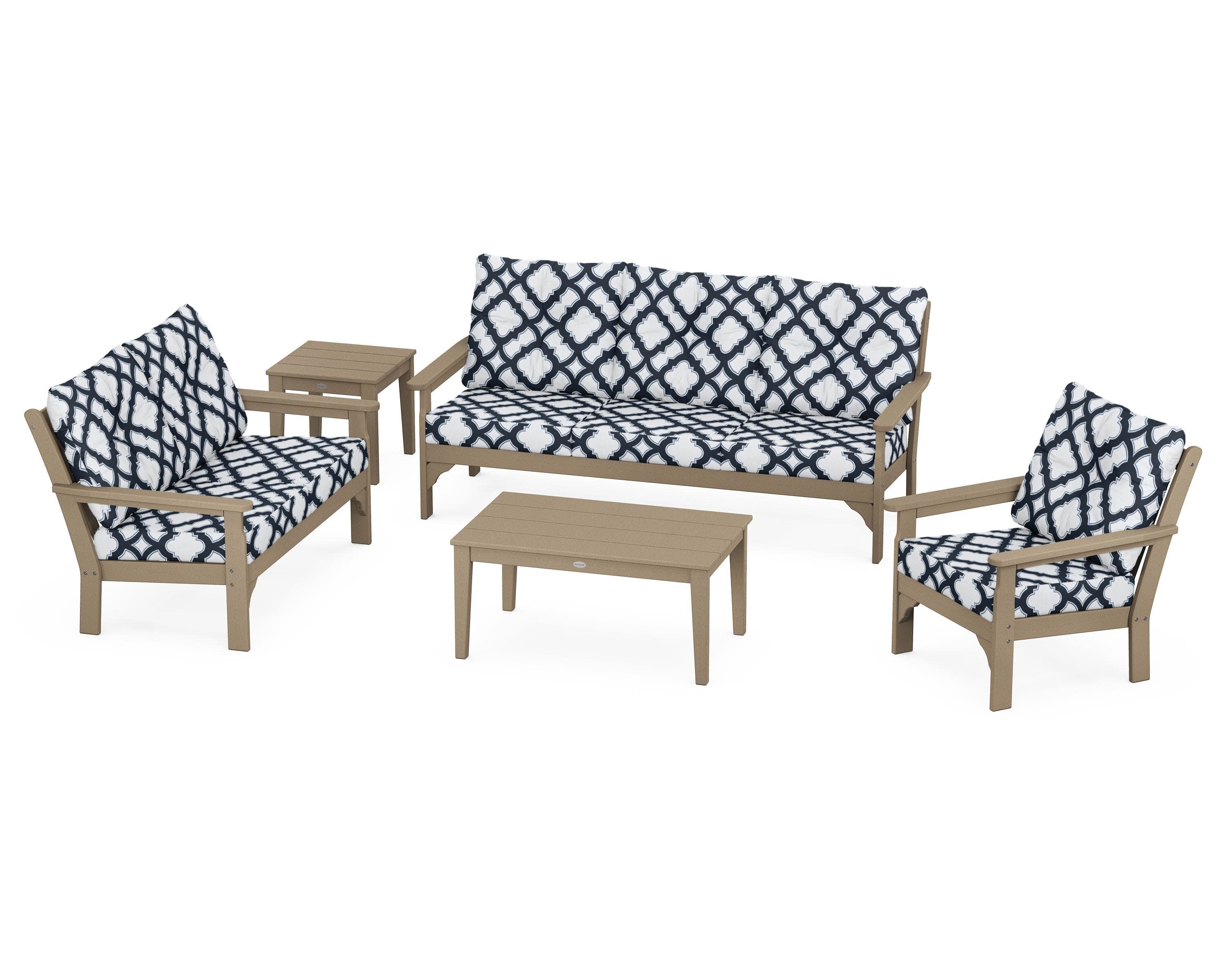 Vineyard 5 Piece Deep Seating Set in Vintage Sahara / Trellis Marine Indigo