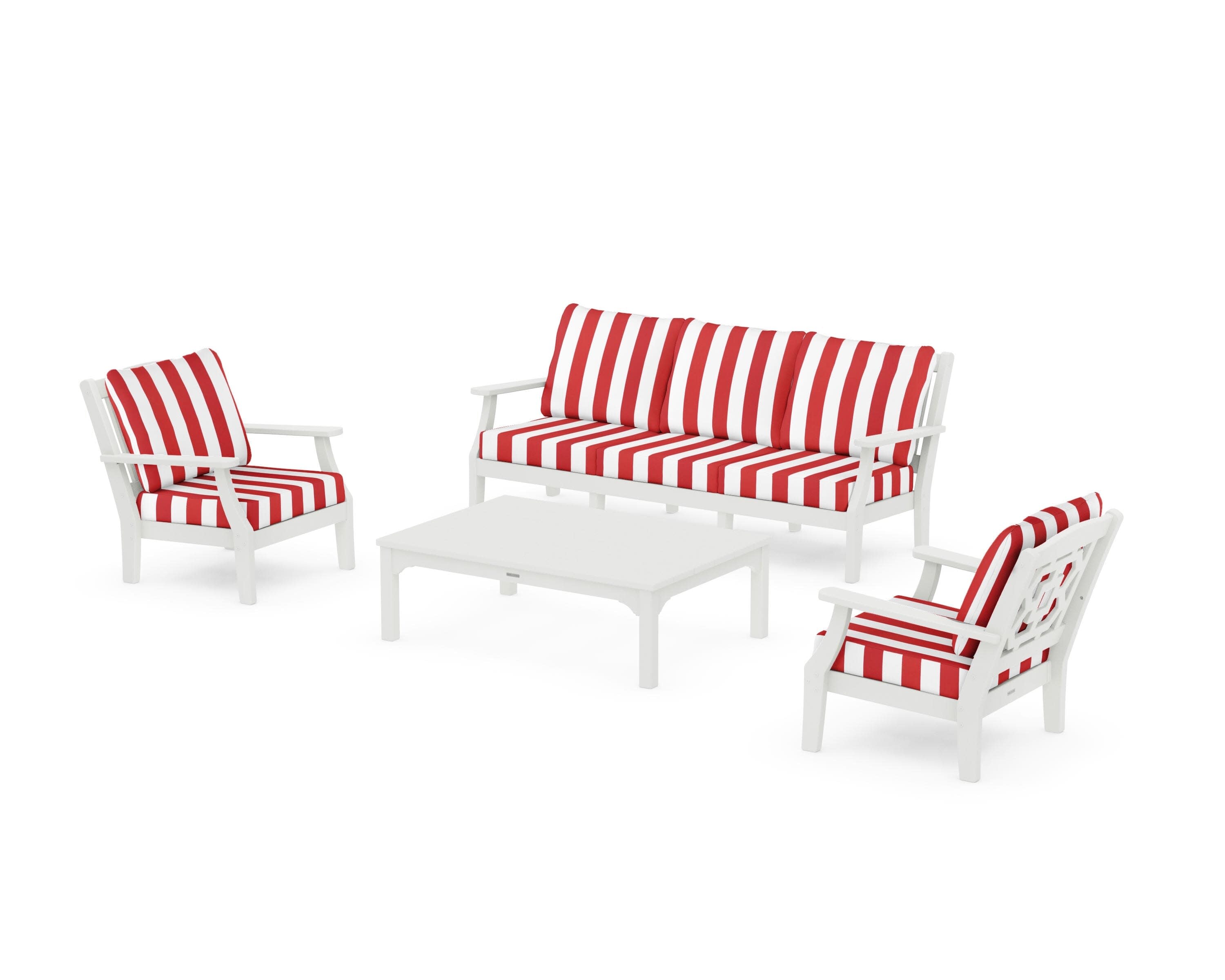 Chinoiserie 4-Piece Deep Seating Set with Sofa in Vintage White / Cabana Stripe Crimson