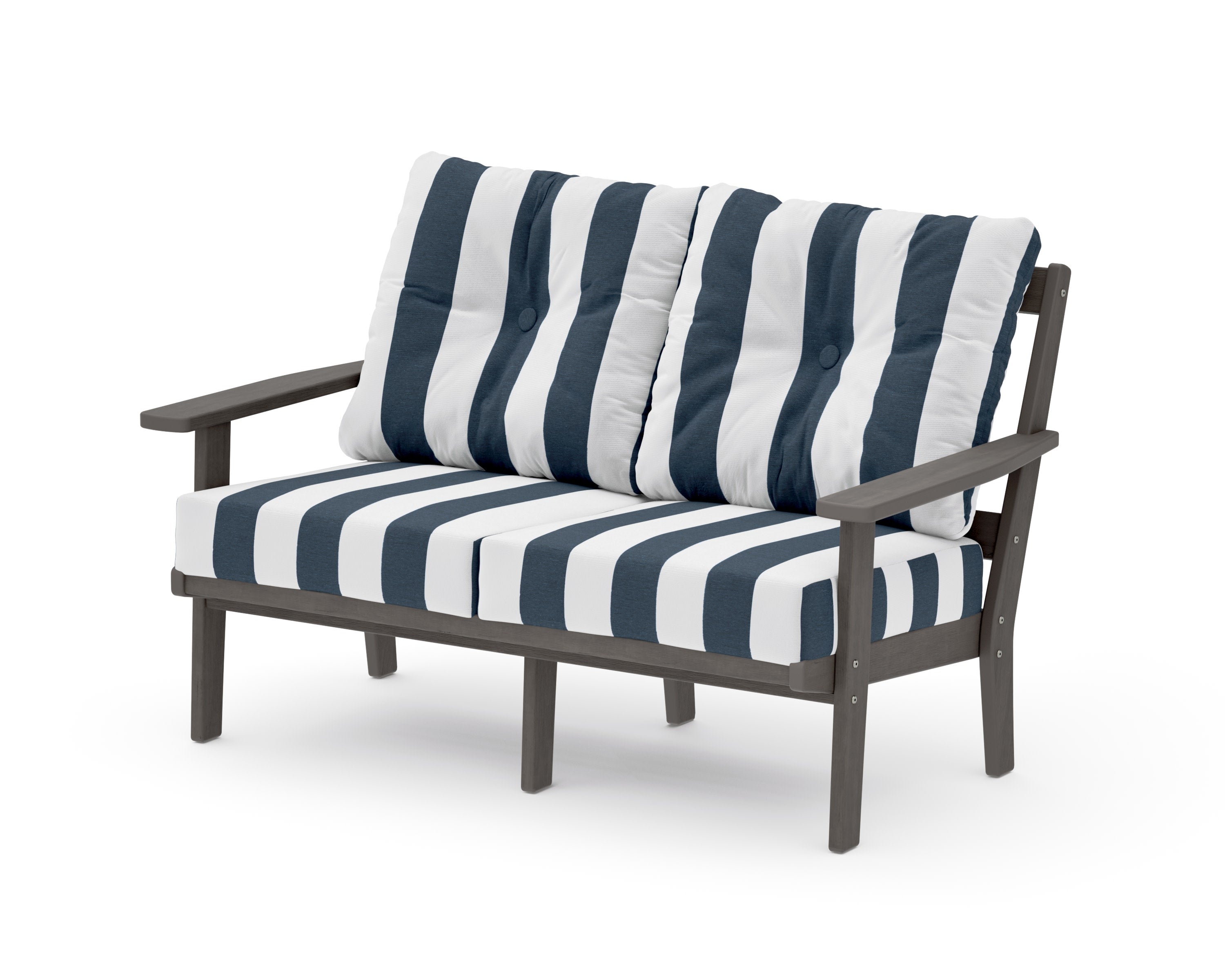 Oxford Deep SeatingLoveseat in Driftwood / Cabana Stripe Marine Indigo
