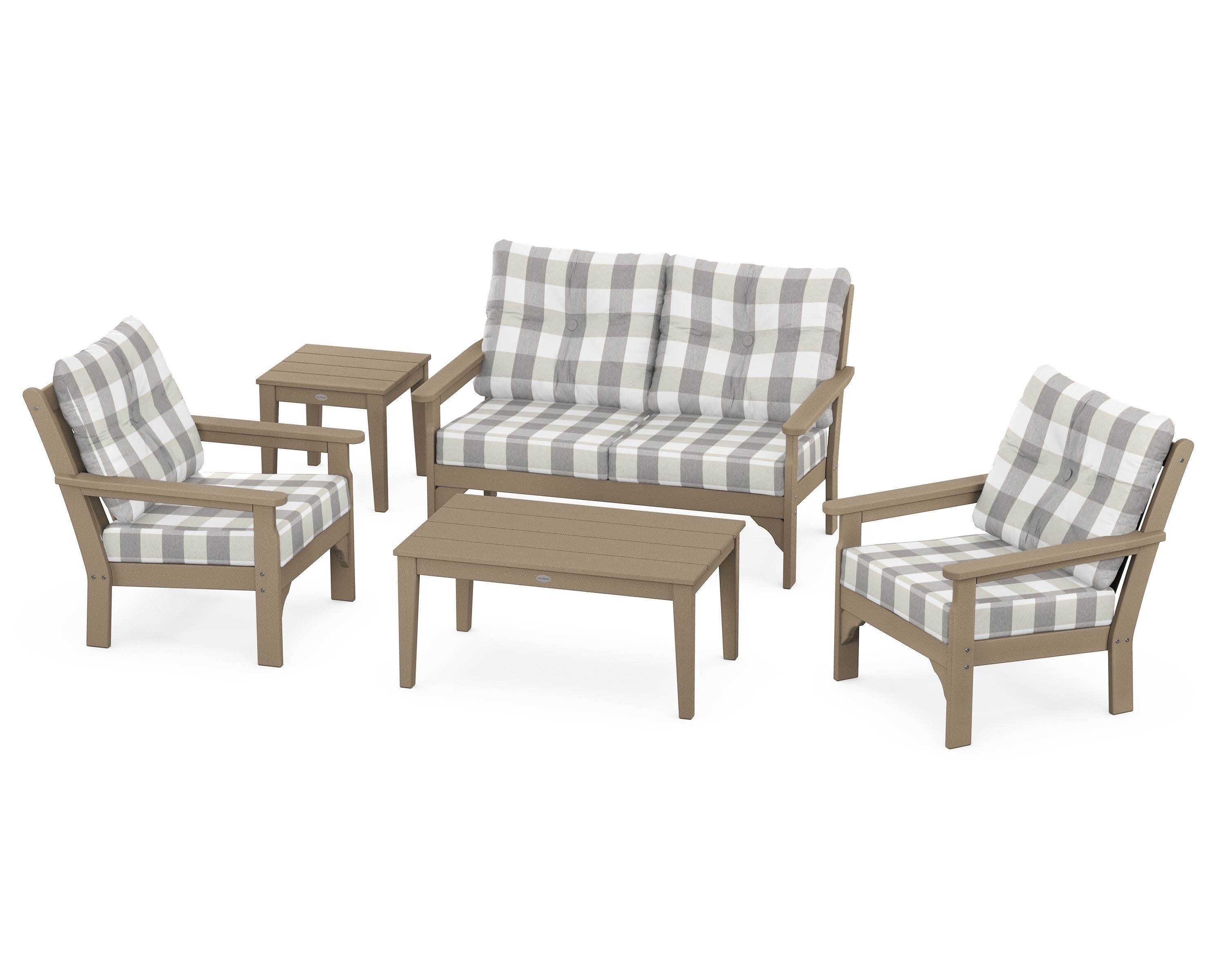 Vineyard 5-Piece Deep Seating Set in Vintage Sahara / Buffalo Plaid Grey Mist