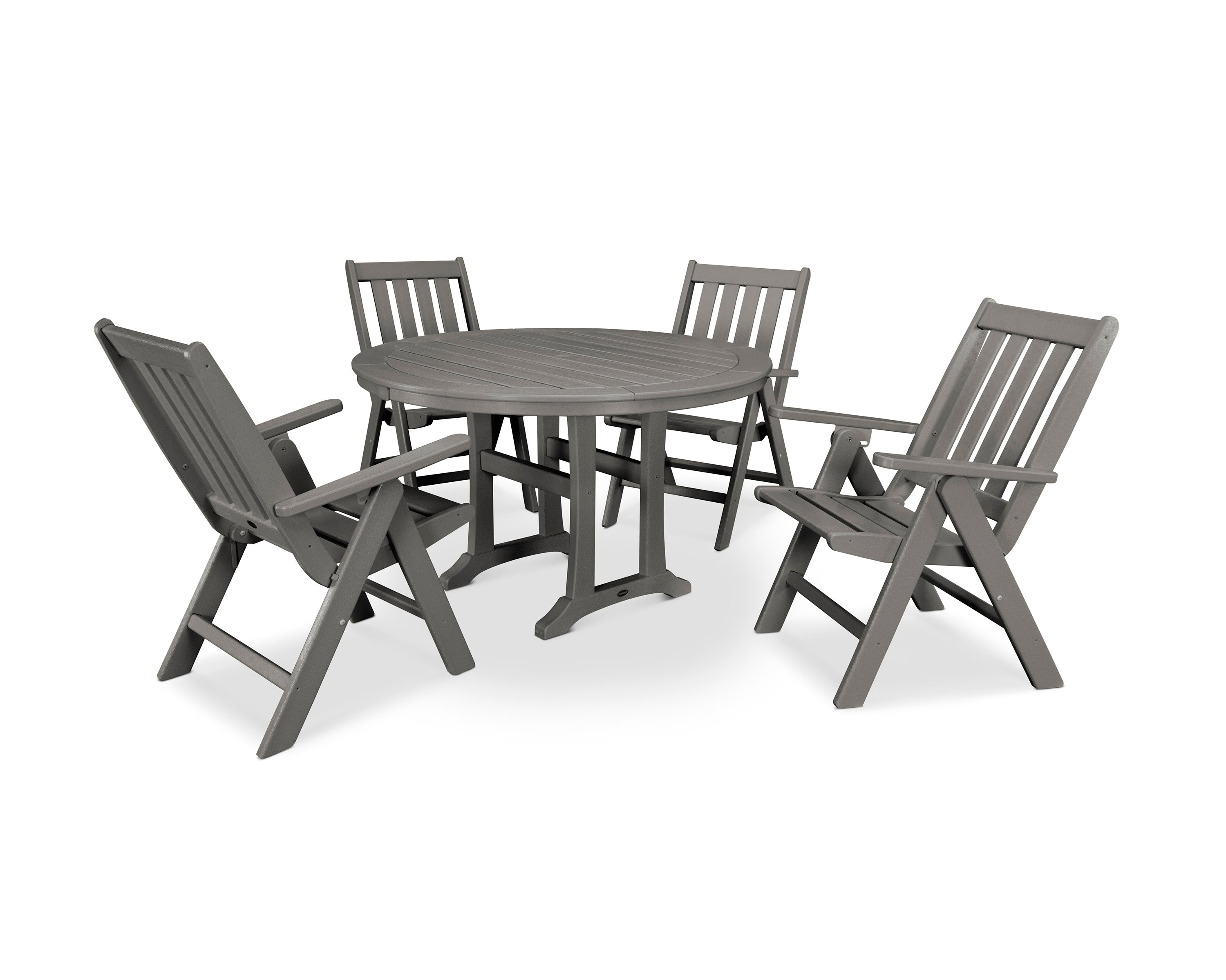 Vineyard Folding Chair 5-Piece Round Dining Set with Trestle Legs in Slate Grey