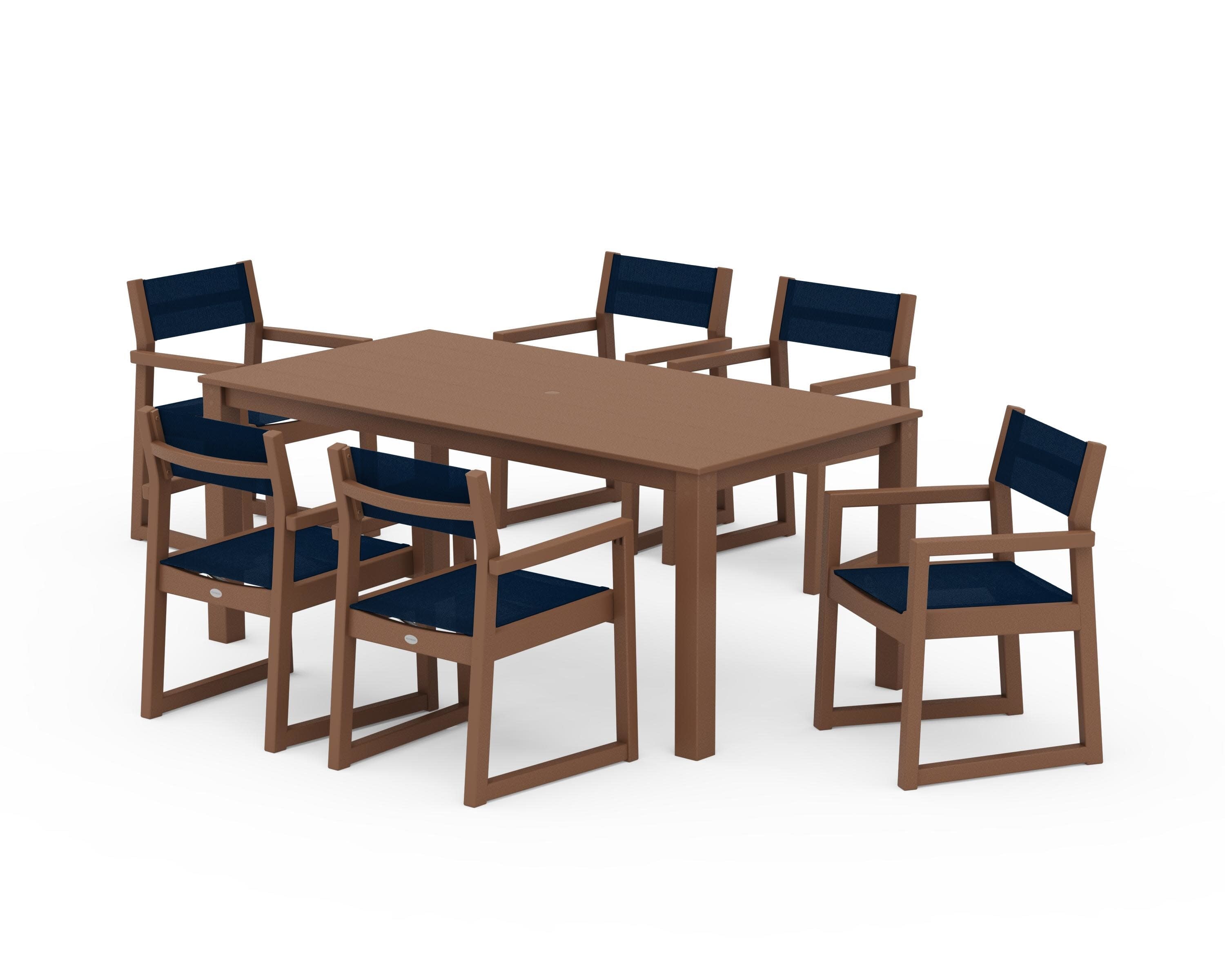 EDGE Sling Arm Chair 7-Piece Parsons Dining Set in Teak / Navy Blue Sling
