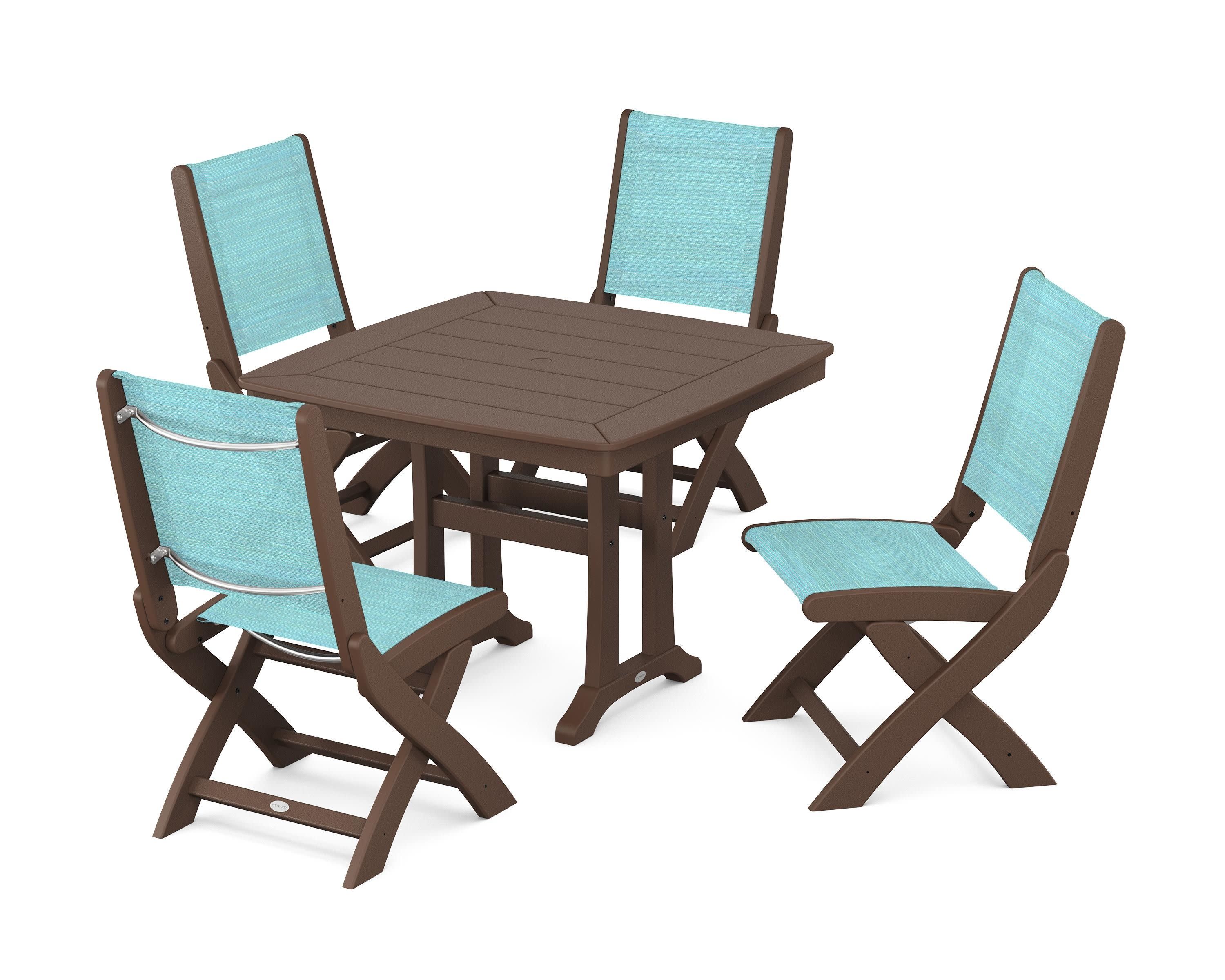 Coastal Folding Side Chair 5-Piece Dining Set with Trestle Legs in Mahogany / Dupioni Aquamarine Sling