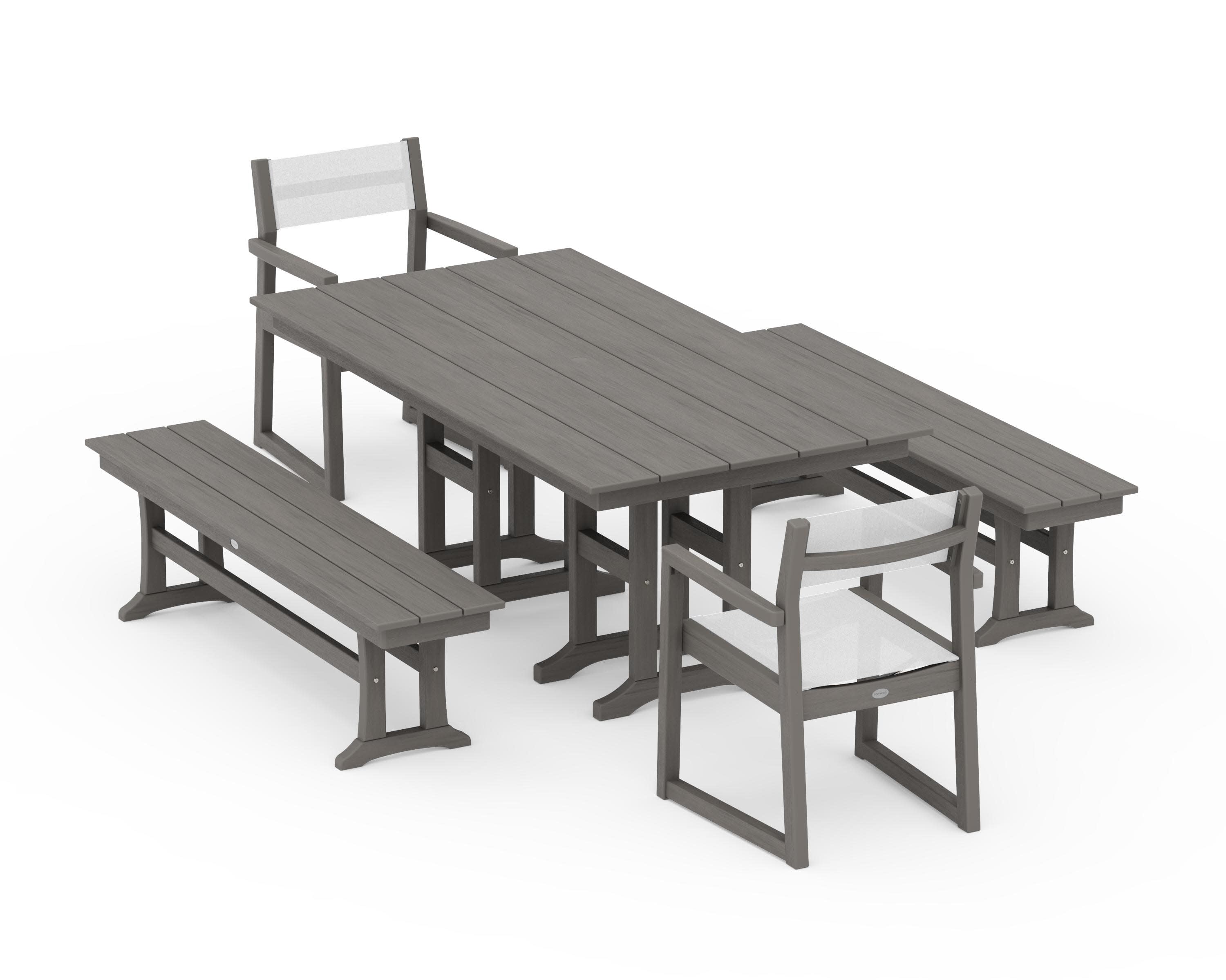 EDGE Sling Arm Chair 5-Piece Farmhouse Dining Set with Benches in Driftwood / White Sling