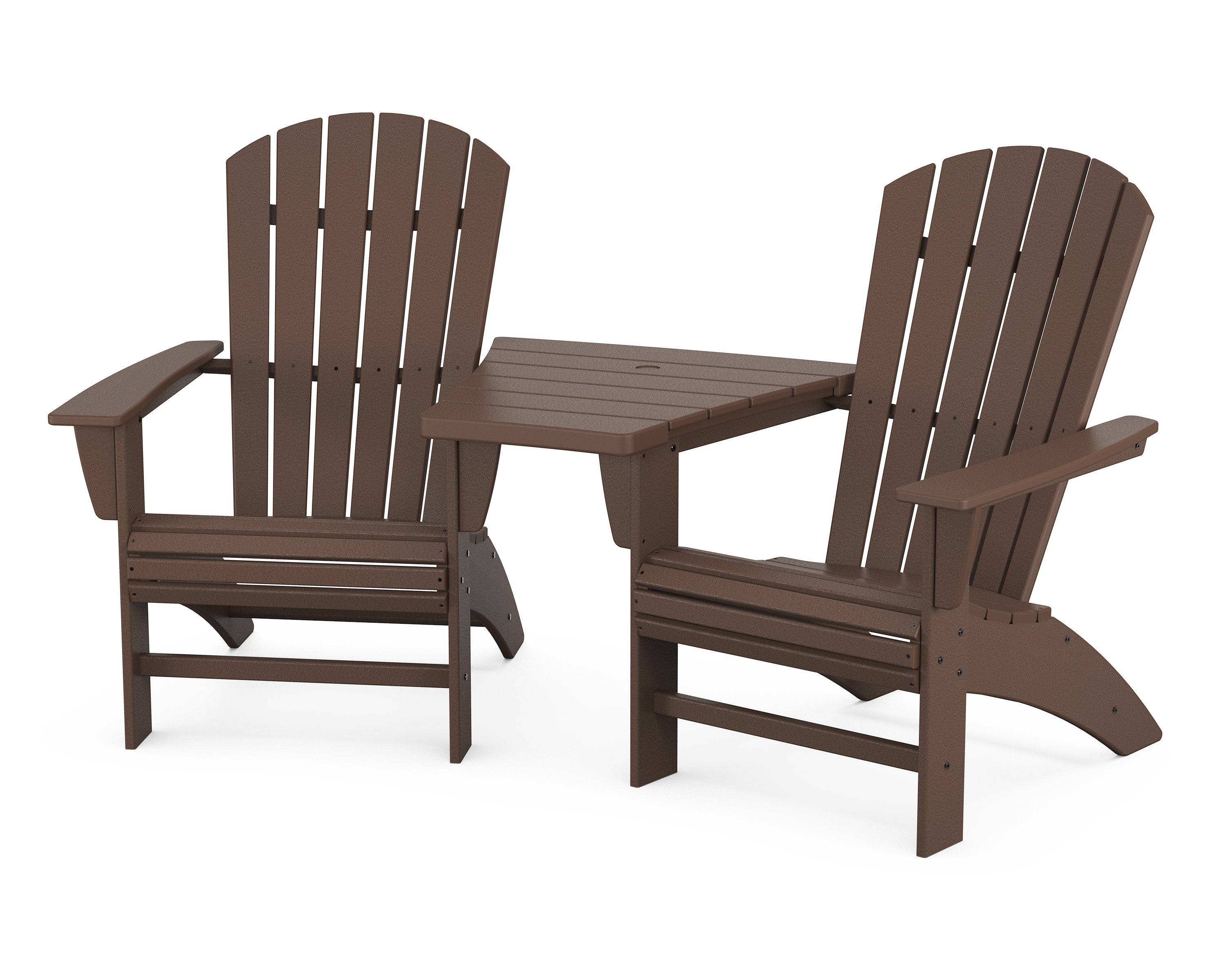 Nautical 3-Piece Curveback Adirondack Set with Angled Connecting Table in Mahogany