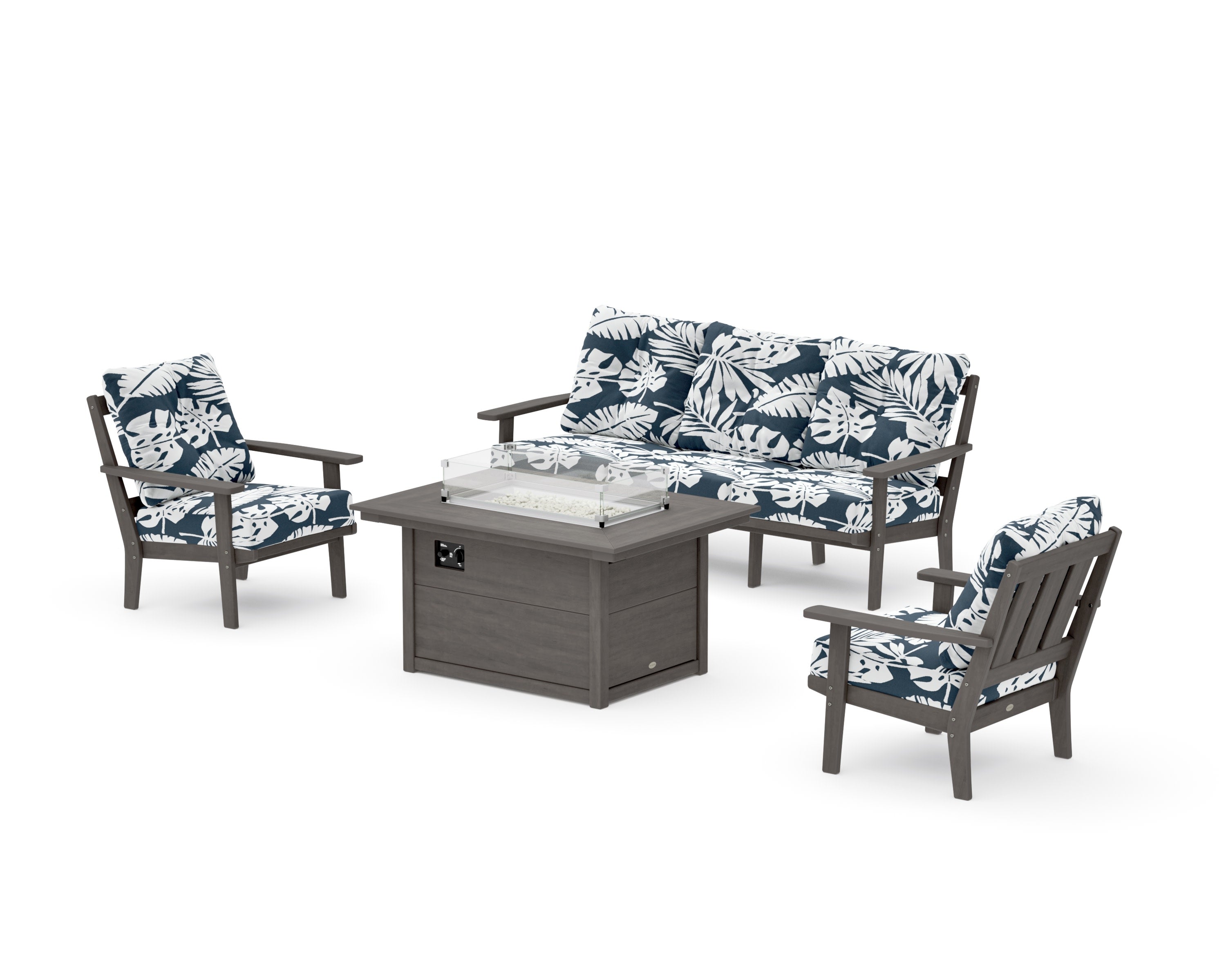 Oxford Deep Seating Fire Pit Table Set in Driftwood / Leaf Marine Indigo