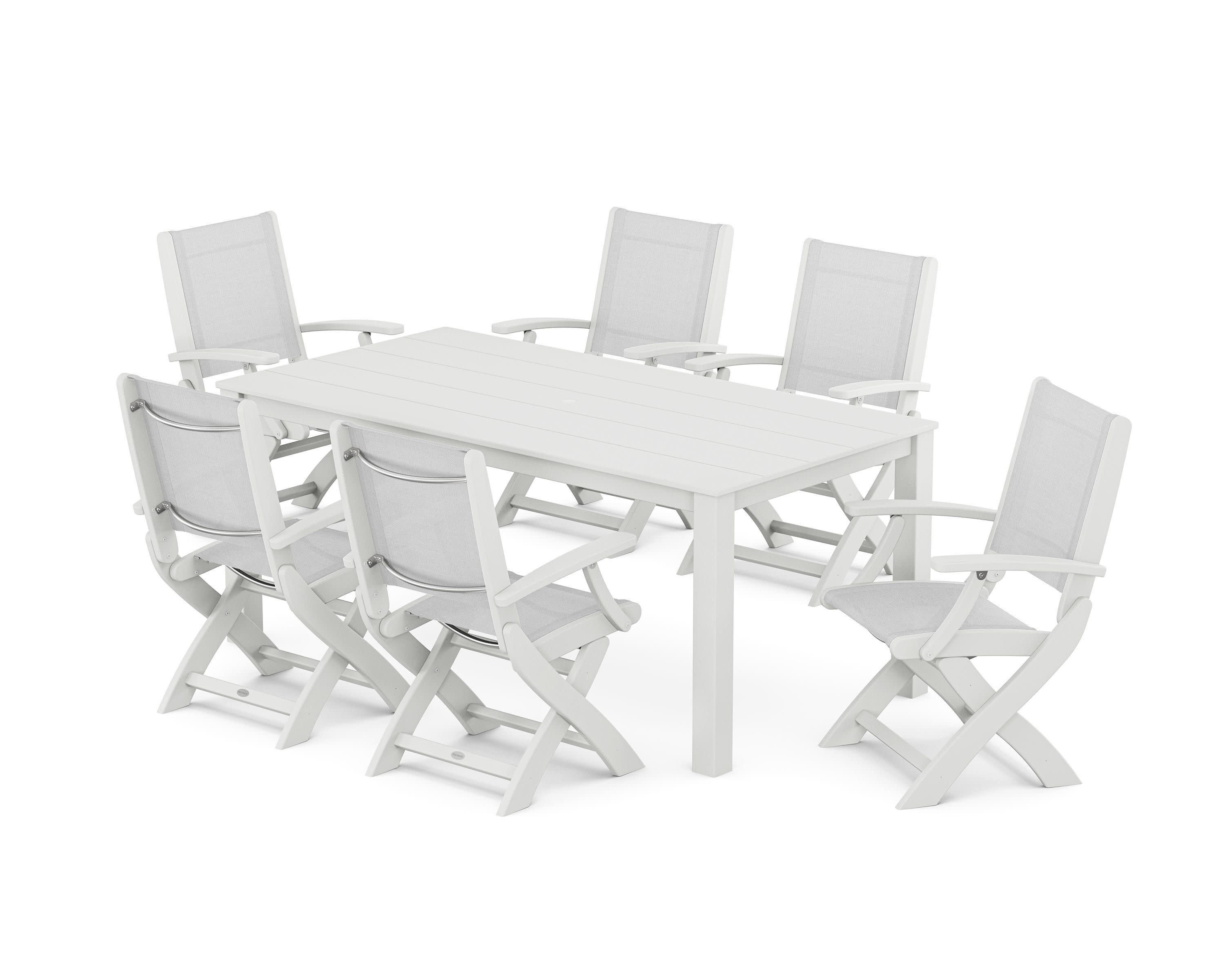 Coastal Folding Chair 7-Piece Parsons Dining Set in White / White Sling