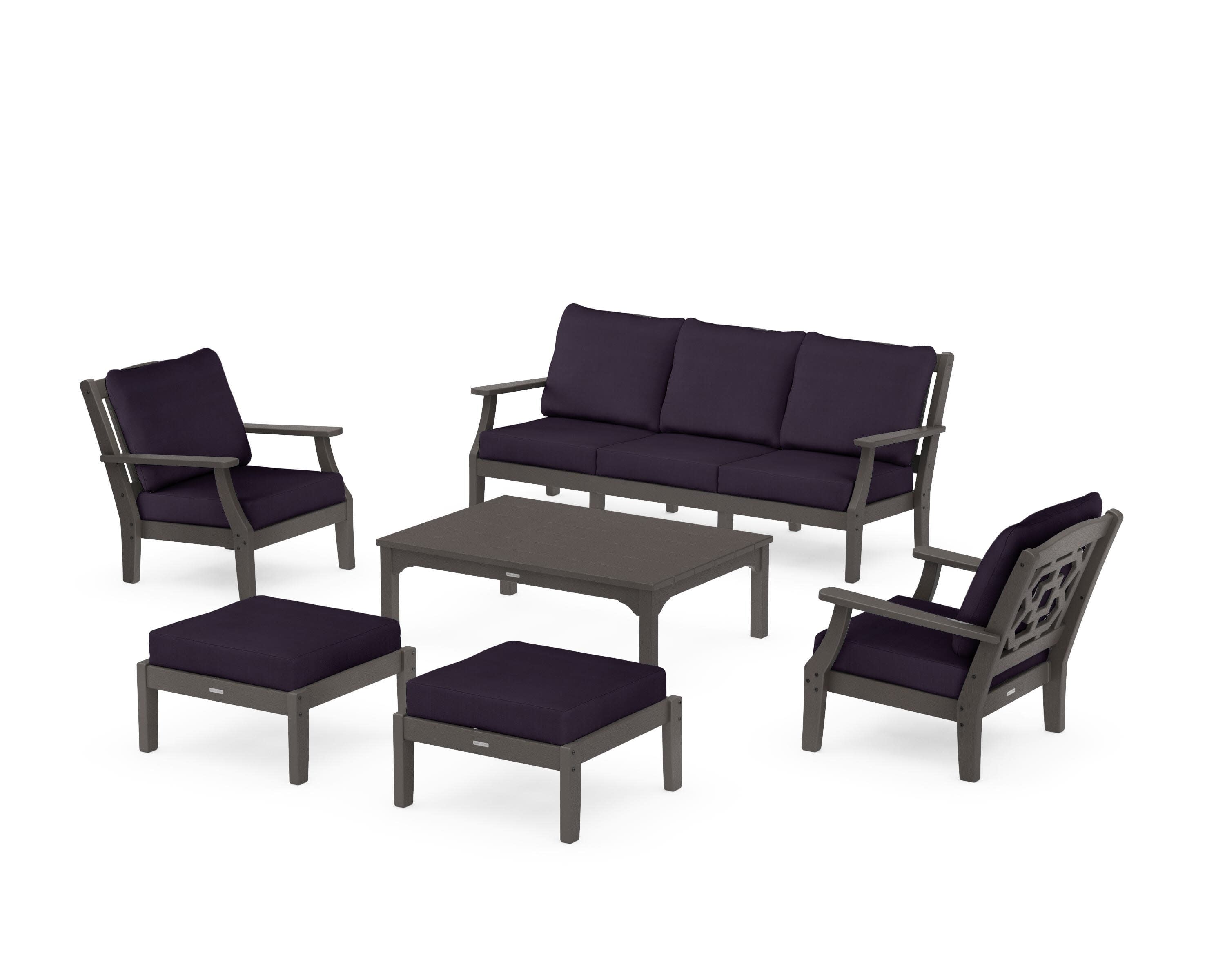 Chinoiserie 6-Piece Lounge Sofa Set in Vintage Coffee / Navy Linen