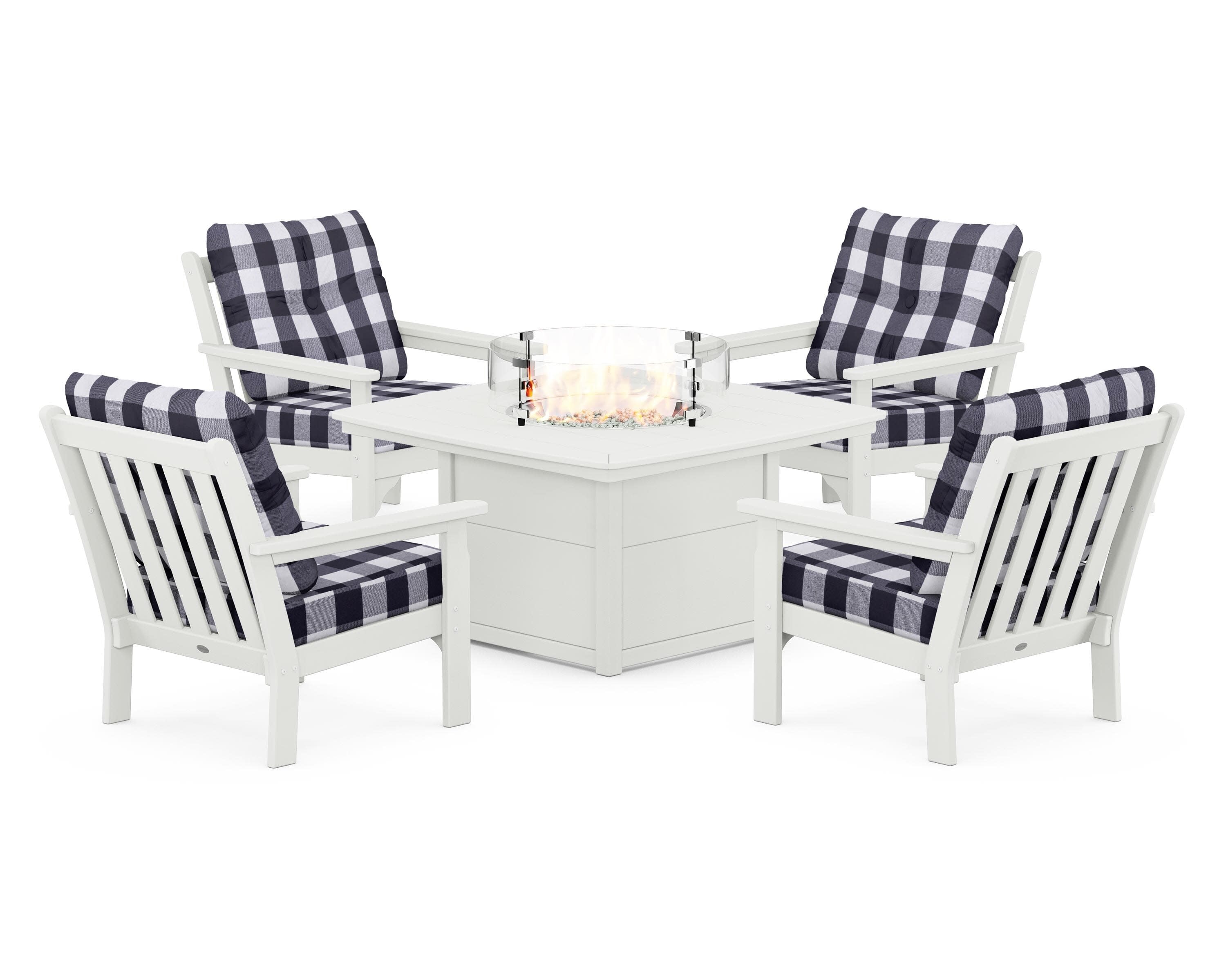 Vineyard 5-Piece Conversation Set with Fire Pit Table in Vintage White / Buffalo Plaid Navy