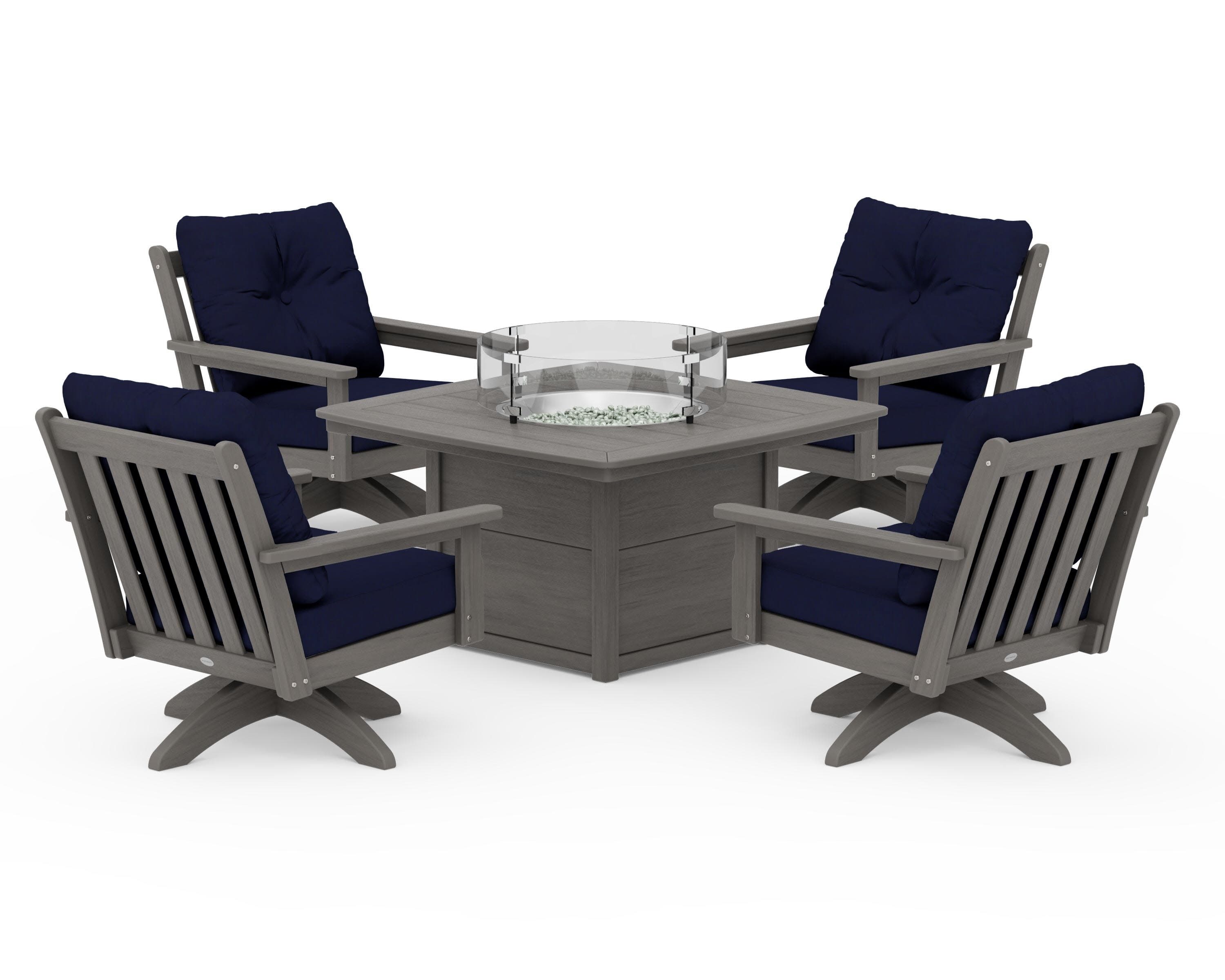 Vineyard 5-Piece Deep Seating Swivel Conversation Set with Fire Pit Table in Driftwood / Navy