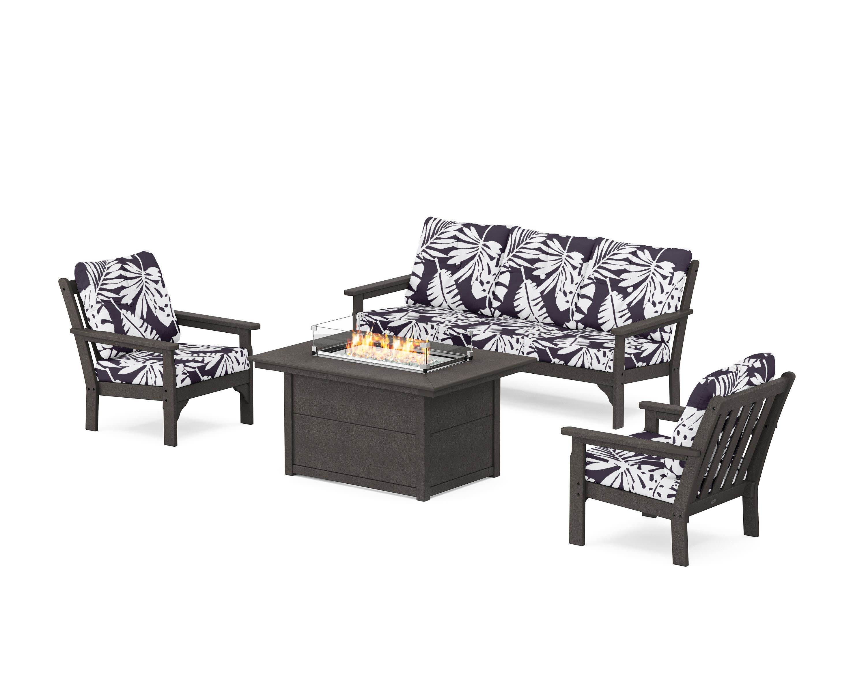 Vineyard Deep Seating Fire Pit Table Set in Vintage Coffee / Leaf Navy