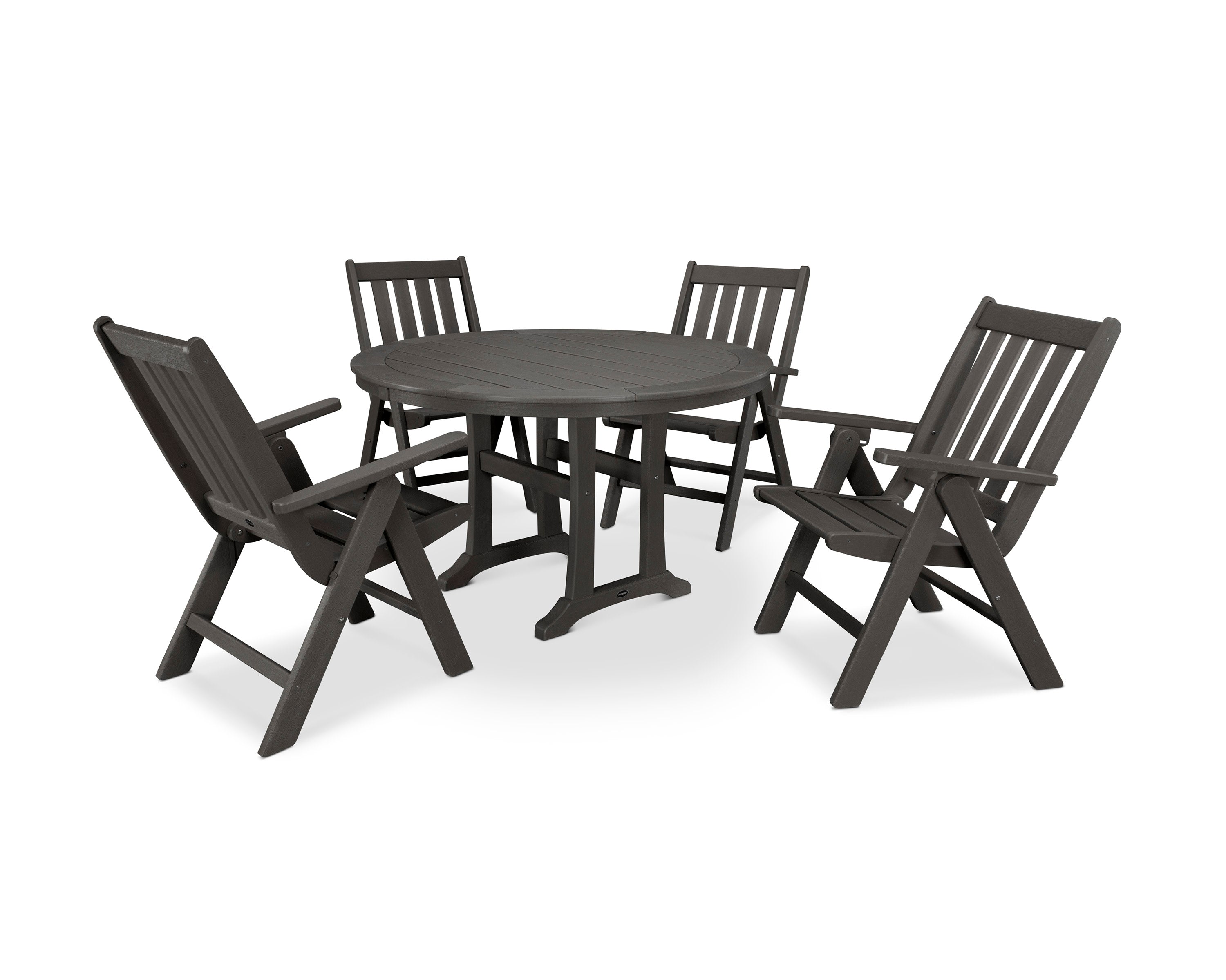 Vineyard Folding Chair 5-Piece Round Dining Set with Trestle Legs in Vintage Coffee