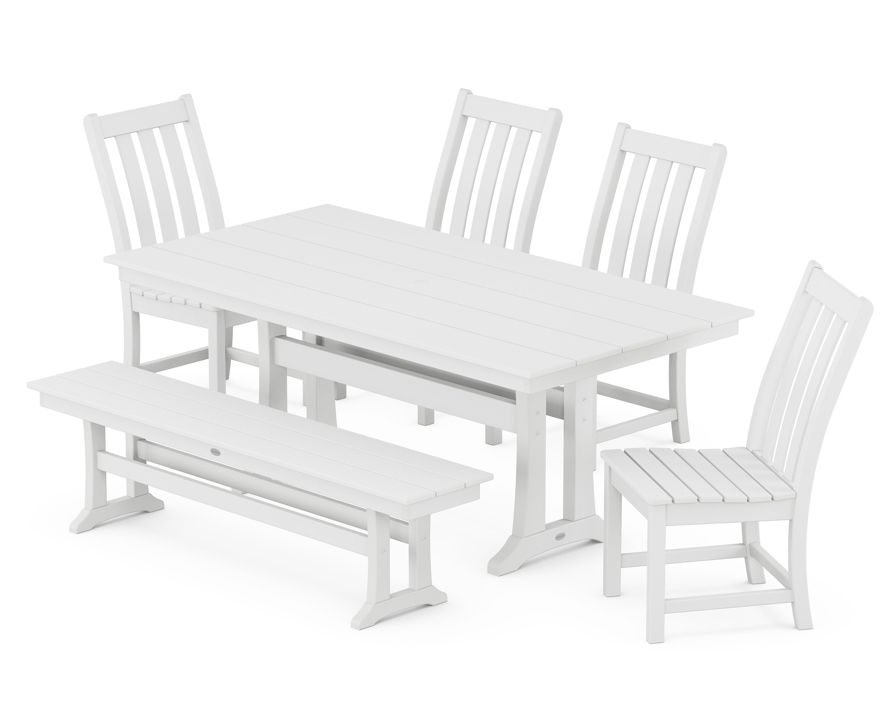 Vineyard Side Chair 6-Piece Farmhouse Dining Set with Trestle Legs and Bench in White