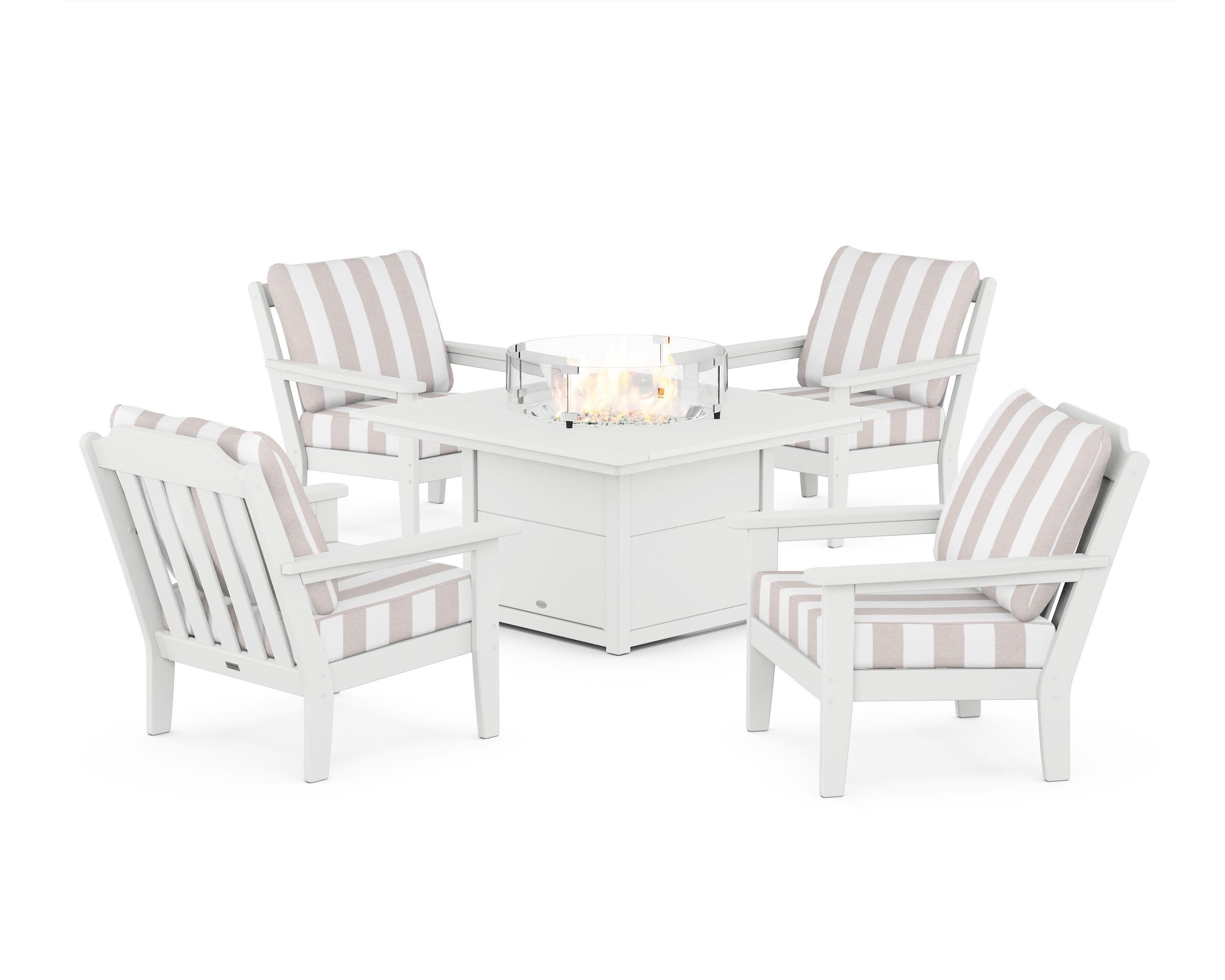 Cottage 5-Piece Deep Seating Set with Fire Pit Table in White / Cabana Stripe Dune Burlap