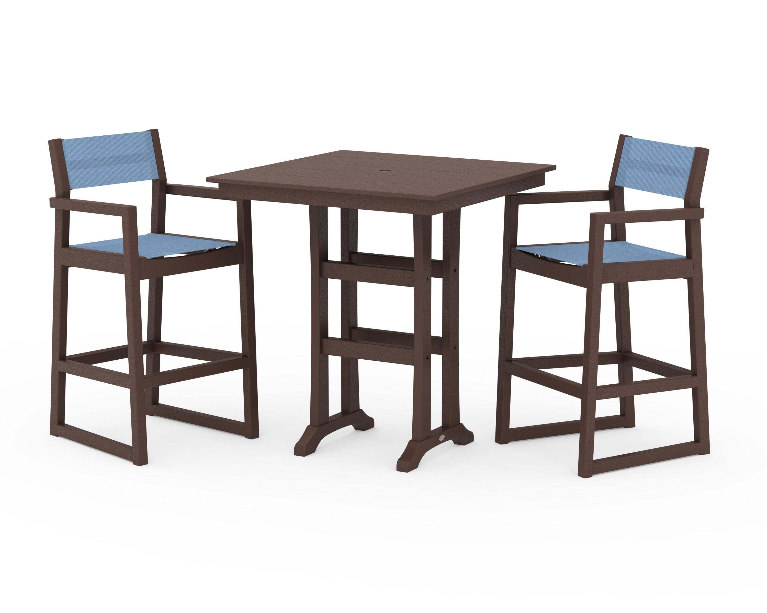 EDGE Sling Arm Chair 3-Piece Farmhouse Bar Set with Trestle Legs in Mahogany / Poolside Sling
