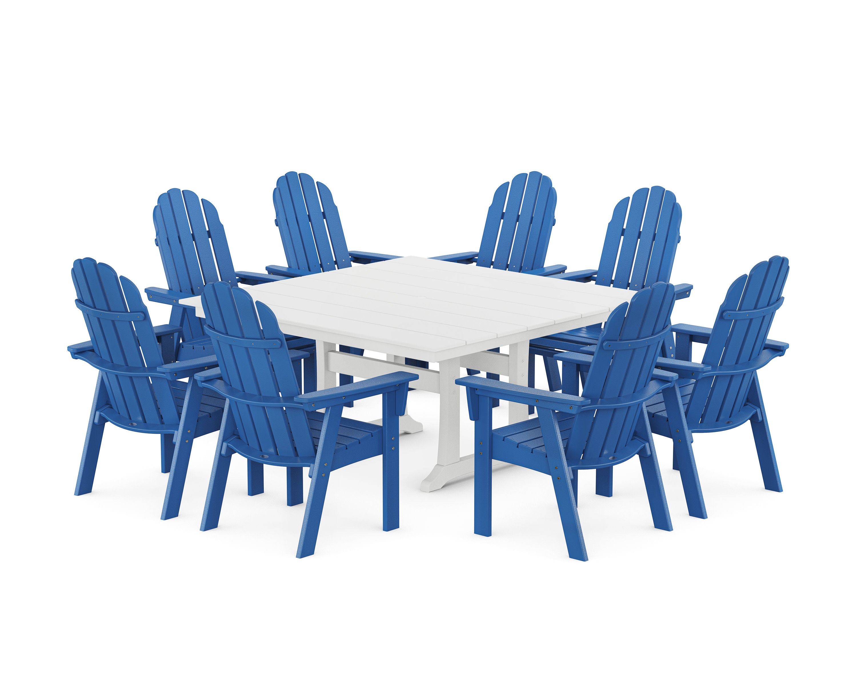 Vineyard Curveback Adirondack 9-Piece Square Farmhouse Dining Set with Trestle Legs in Pacific Blue / White