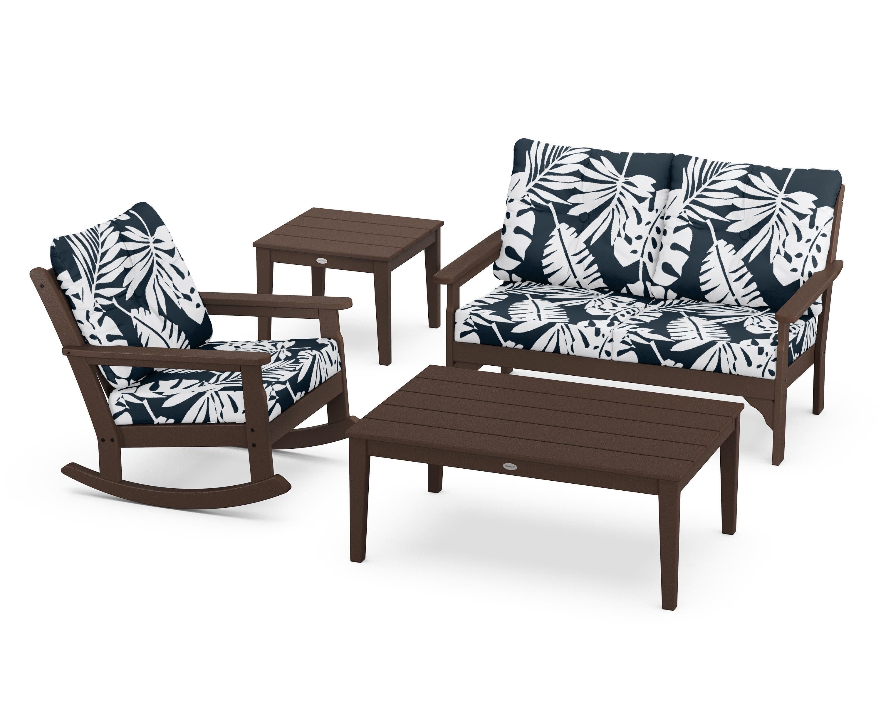 Vineyard 4-Piece Deep Seating Rocker Set in Mahogany / Leaf Marine Indigo