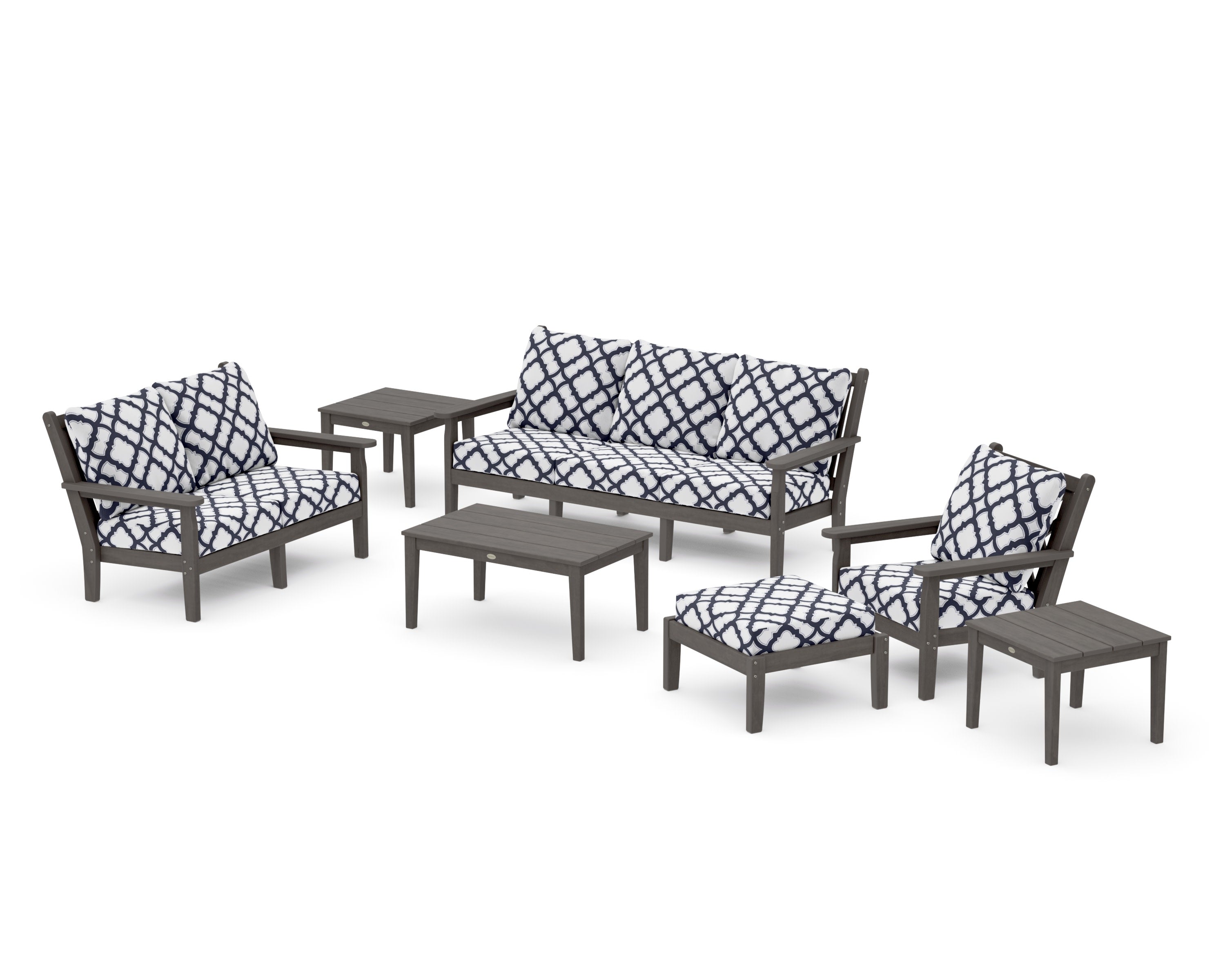 Chippendale 7-Piece Deep Seating Set in Driftwood / Trellis Navy