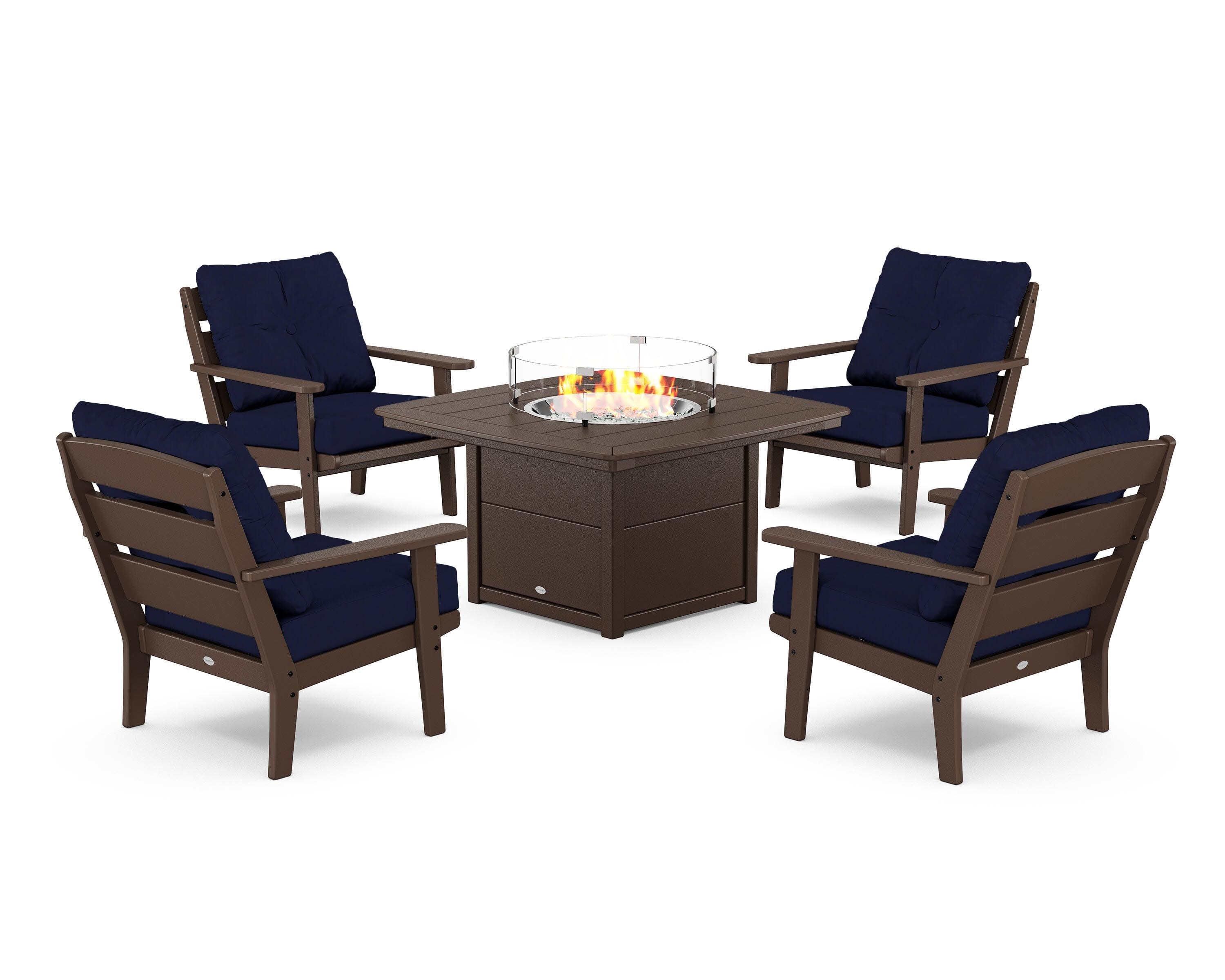 Lakeside 5-Piece Deep Seating Set with Nautical Fire Pit Table in Mahogany / Navy