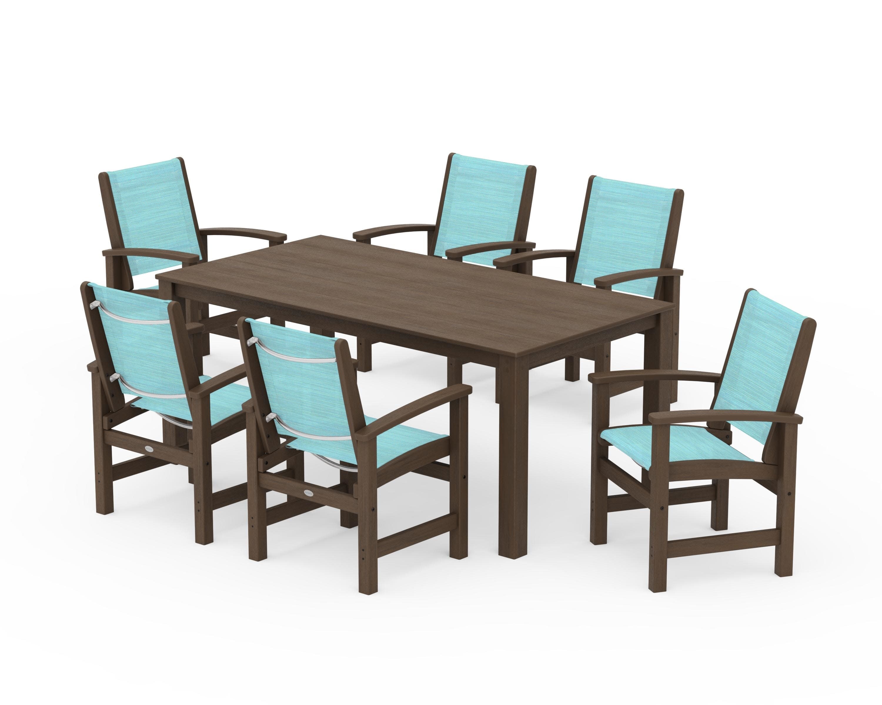 Coastal 7-Piece Parsons Dining Set in Kona / Dupioni Aquamarine Sling