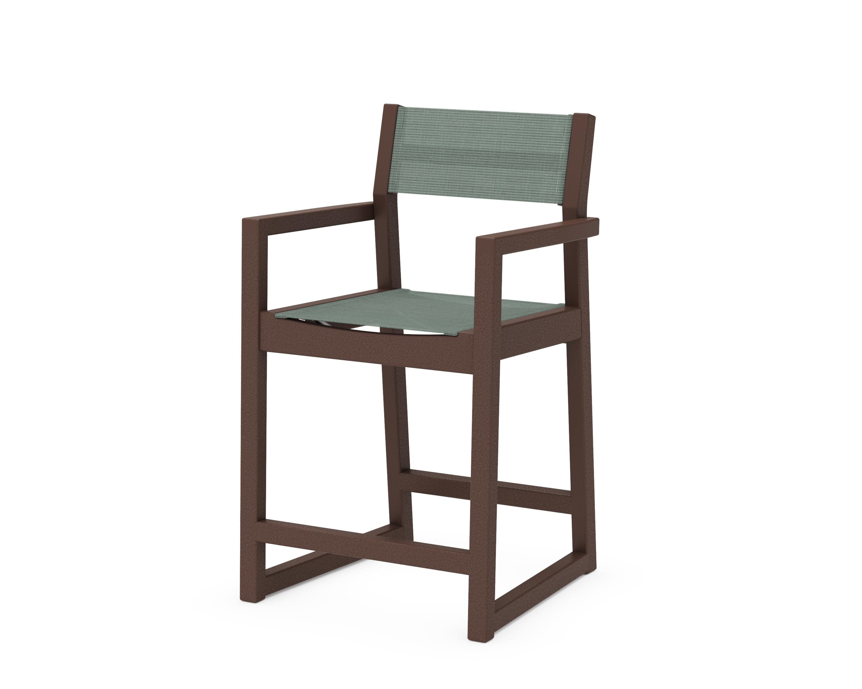 EDGE Sling Counter Arm Chair in Mahogany / Dupioni Sea Mist Sling