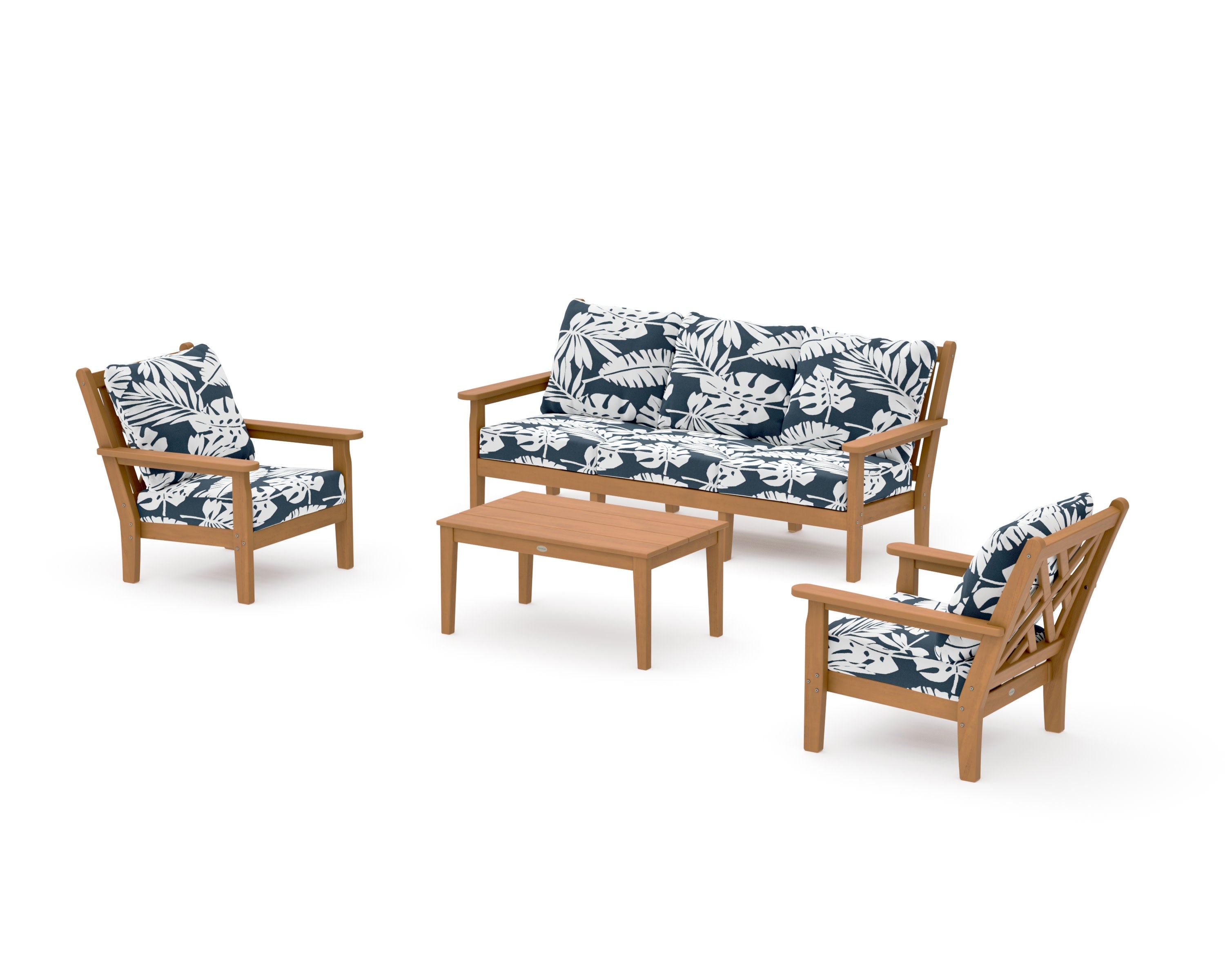 Chippendale 4-Piece Deep Seating Set with Sofa in Natural / Leaf Marine Indigo