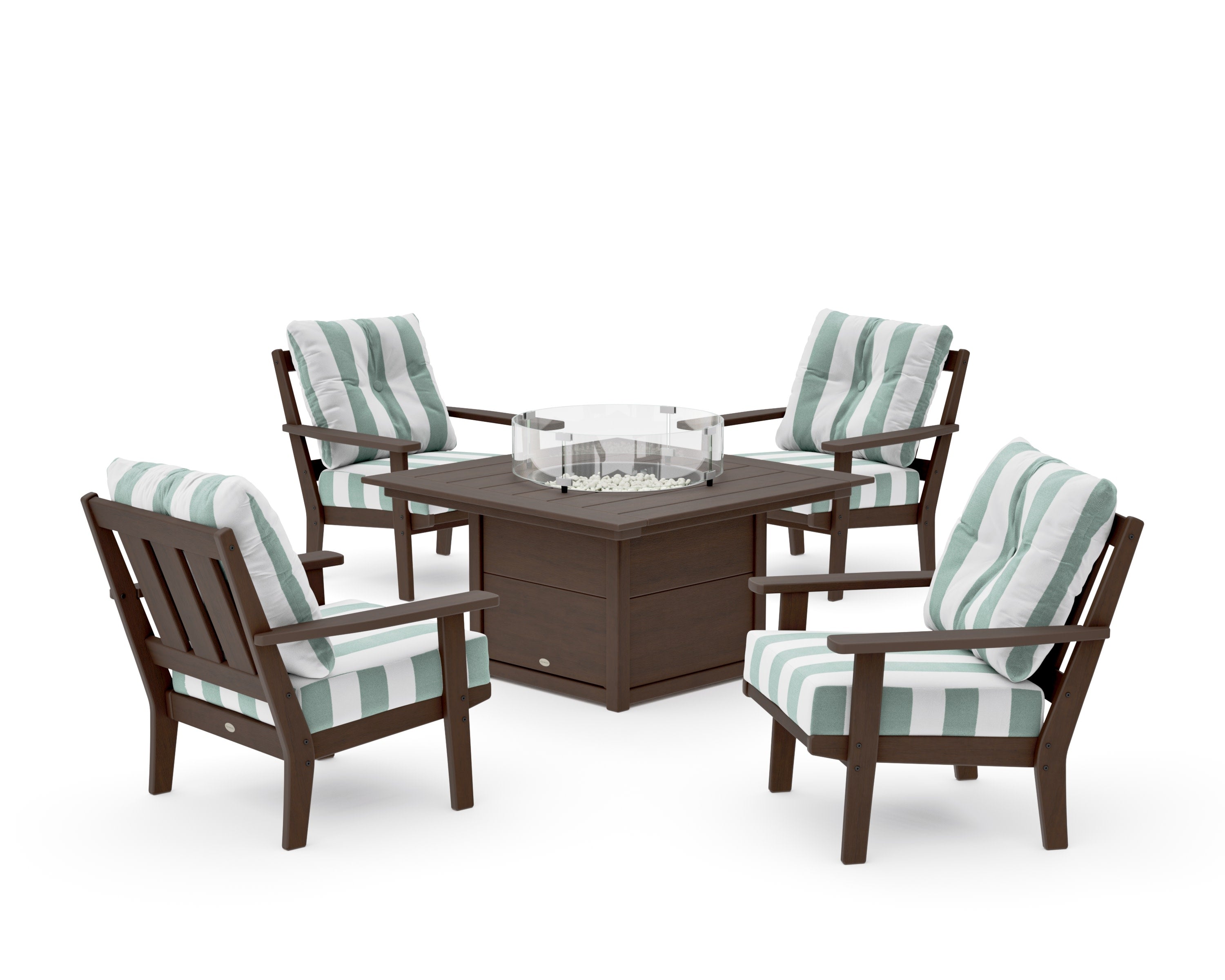 Oxford 5-Piece Deep Seating Set with Fire Pit Table in Kona / Cabana Stripe Glacier Spa