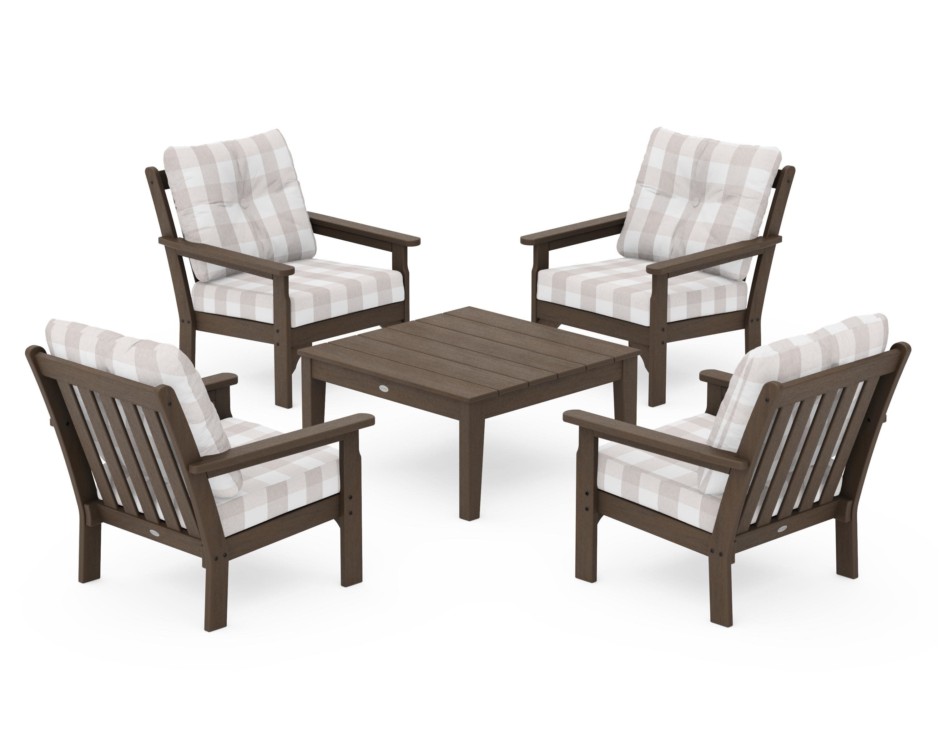 Vineyard 5-Piece Deep Seating Conversation Set in Kona / Buffalo Plaid Dune Burlap