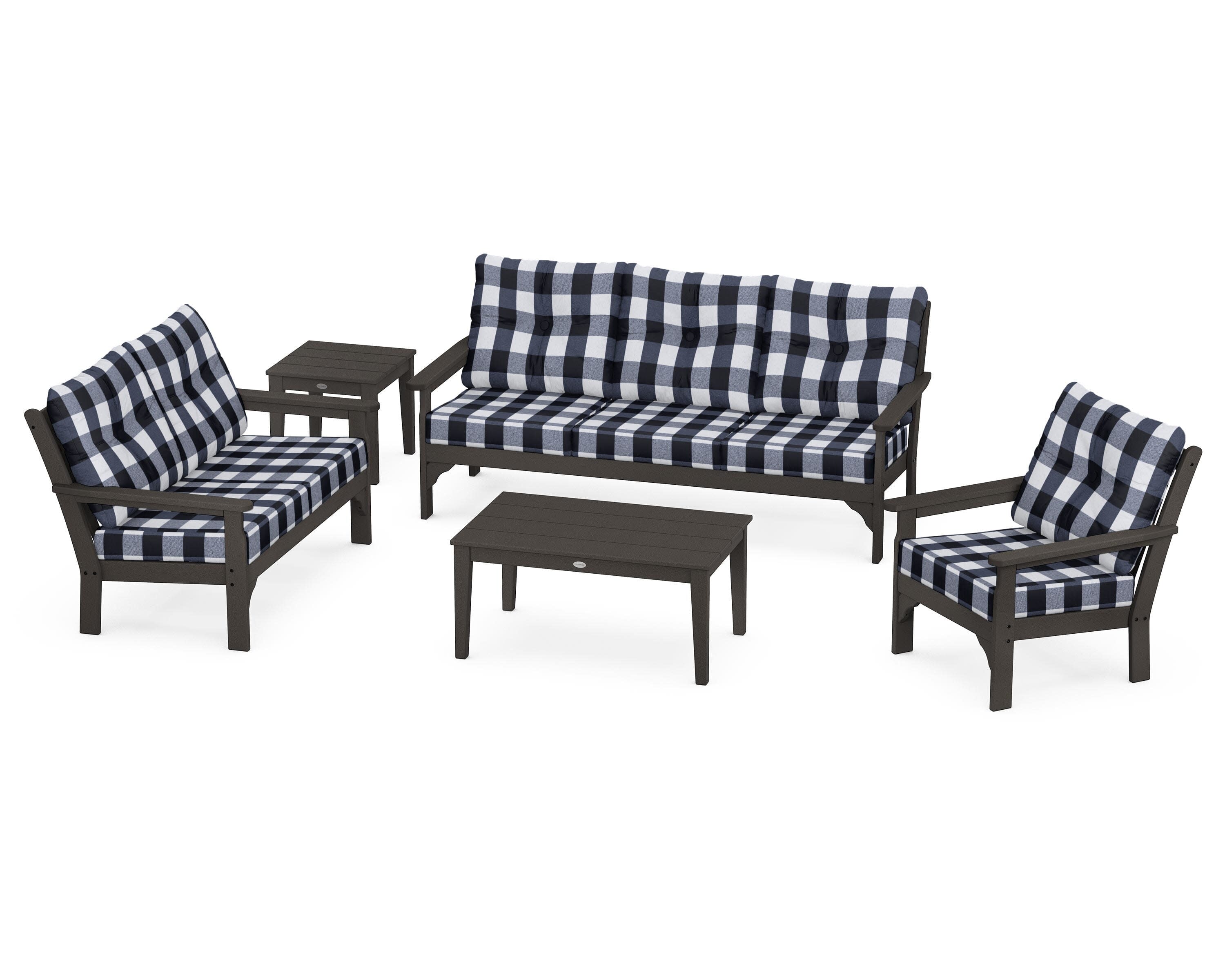 Vineyard 5 Piece Deep Seating Set in Vintage Coffee / Buffalo Plaid Marine Indigo