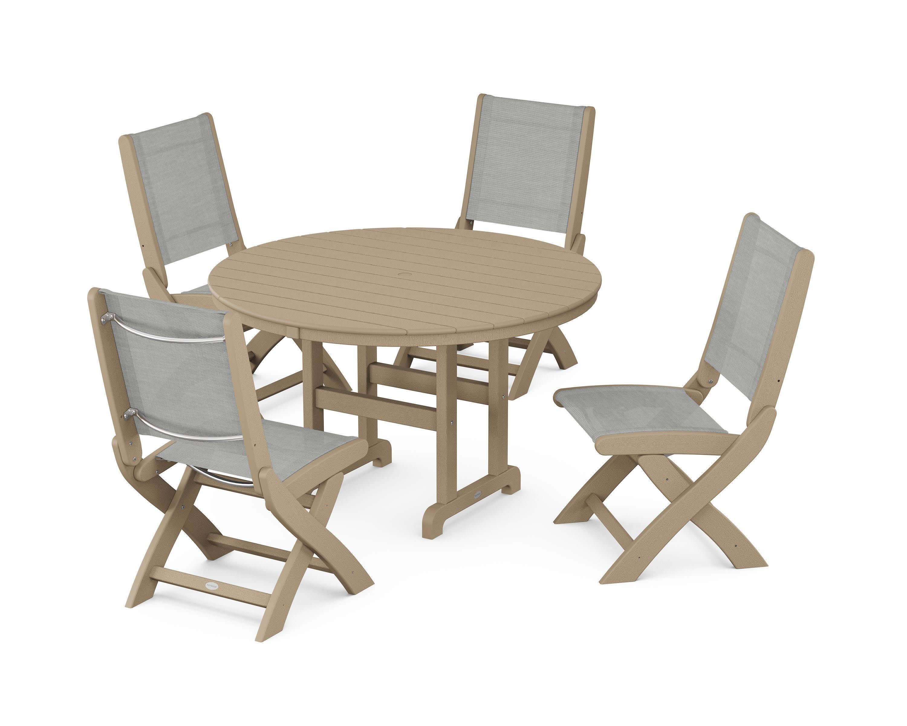 Coastal Folding Side Chair 5-Piece Round Dining Set in Vintage Sahara / Metallic Sling