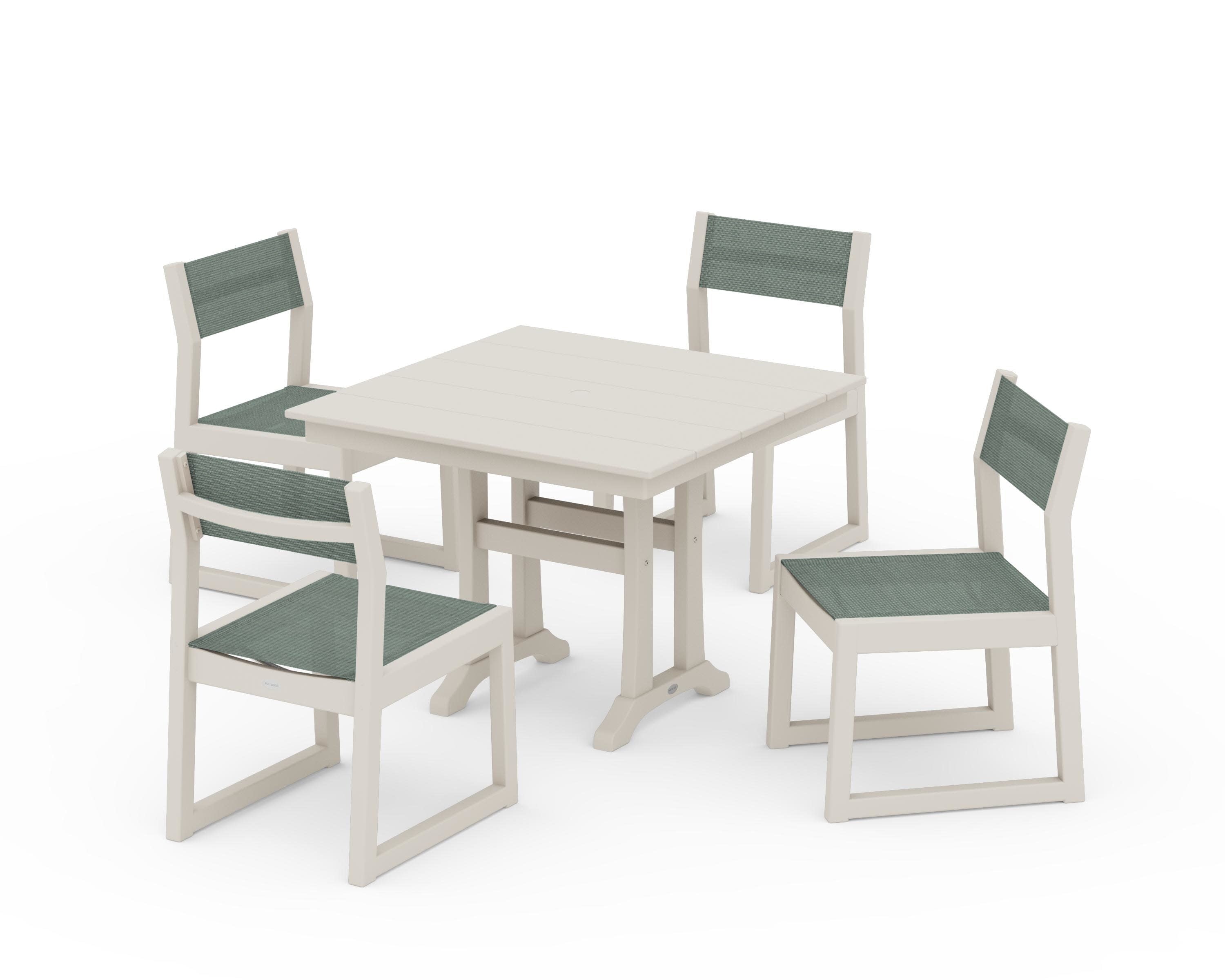 EDGE Sling 5-Piece Farmhouse Trestle Side Chair Dining Set in Sand / Dupioni Sea Mist Sling